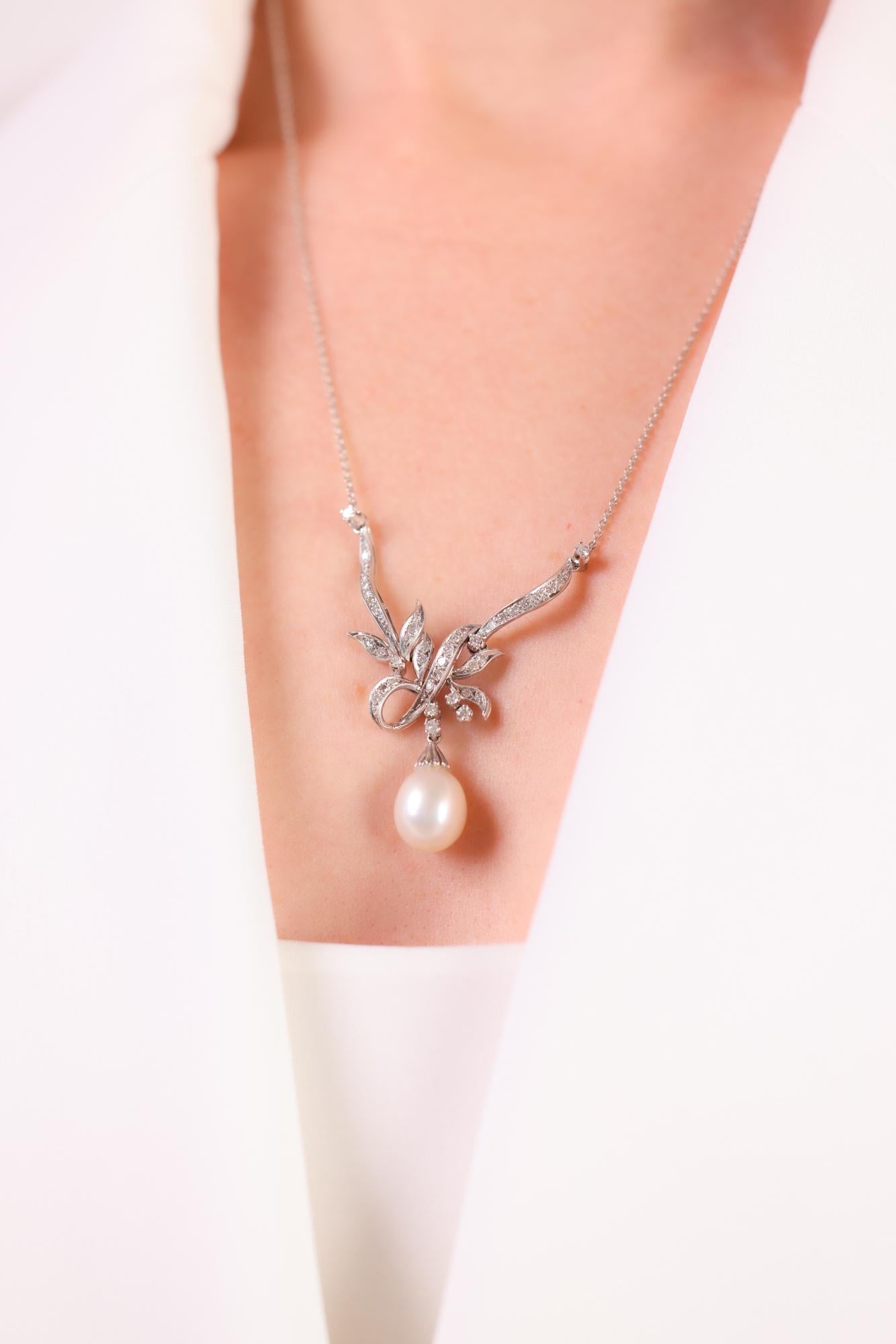 Vintage Perle Diamant Platin Halskette (Einfacher Schliff)