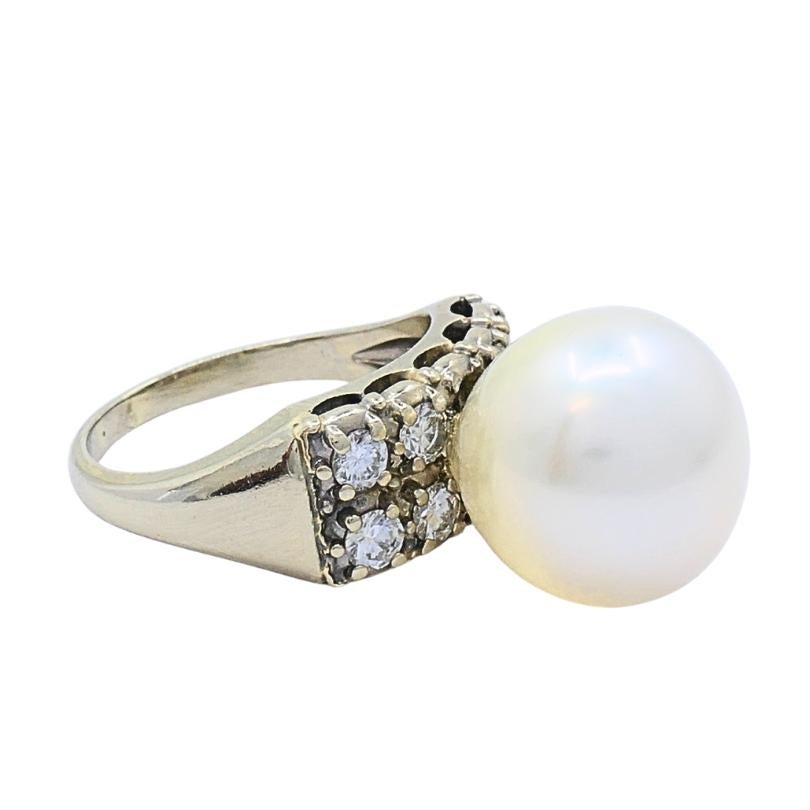 Donna Anello vintage con perla e diamante in oro bianco 14k in vendita