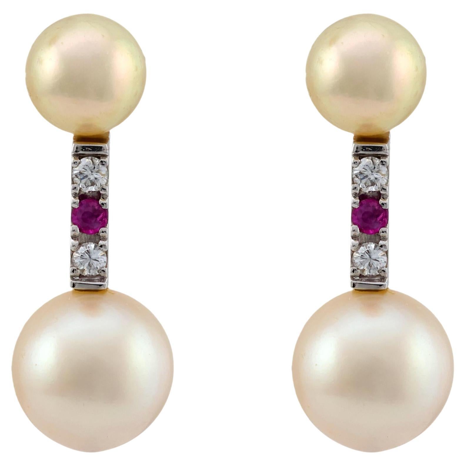 Boucles d'oreilles vintage perle diamant rubis or blanc et jaune 18k