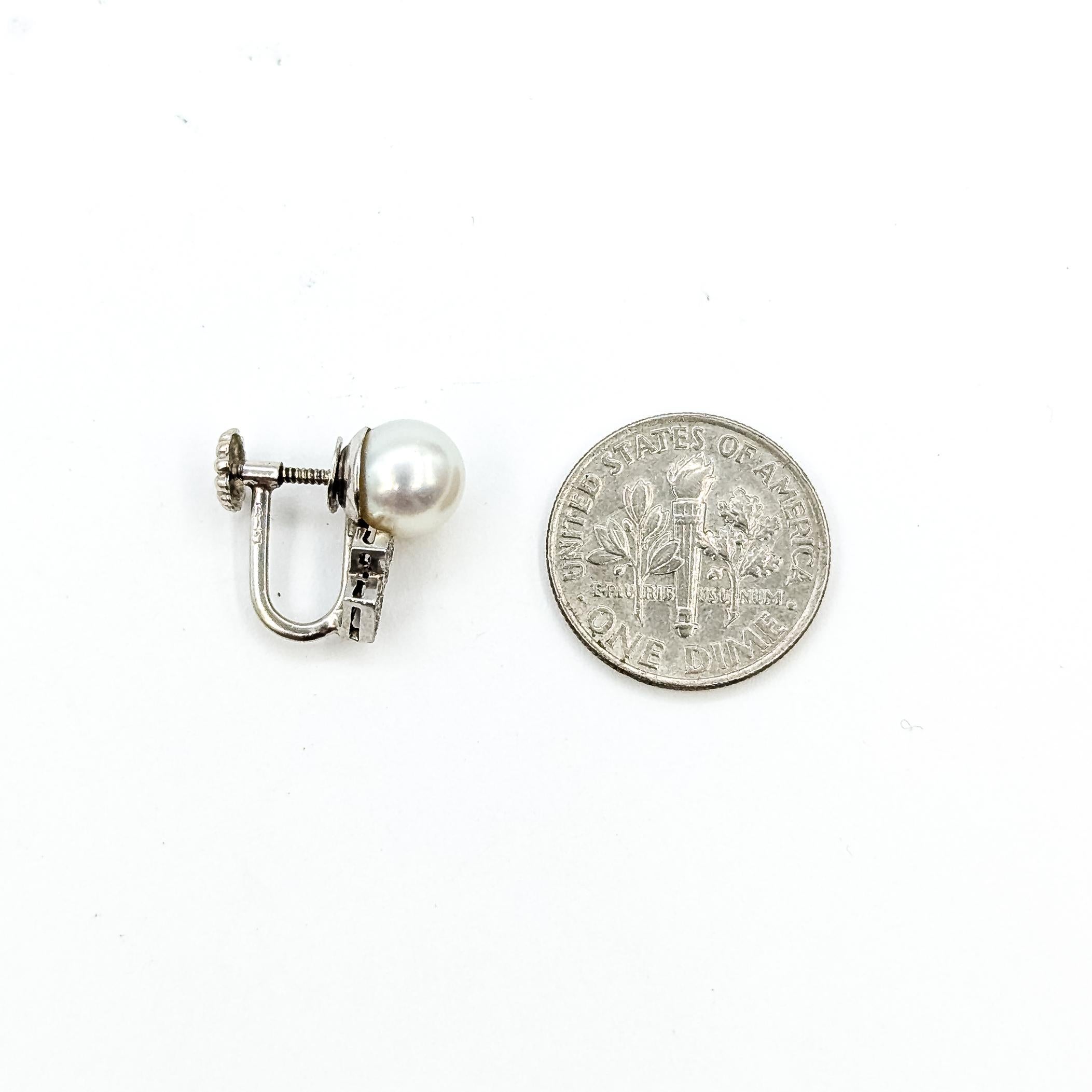 Vintage Perle & Diamant Screwback Ohrringe in 14k Weißgold Damen im Angebot