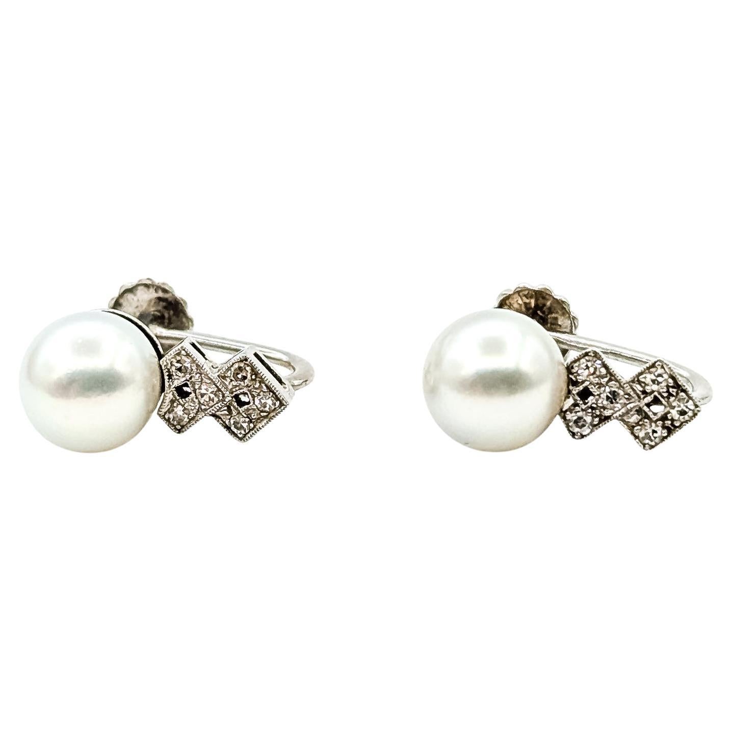 Vintage Pearl 
Diamond Screwback Earrings in 14k White Gold