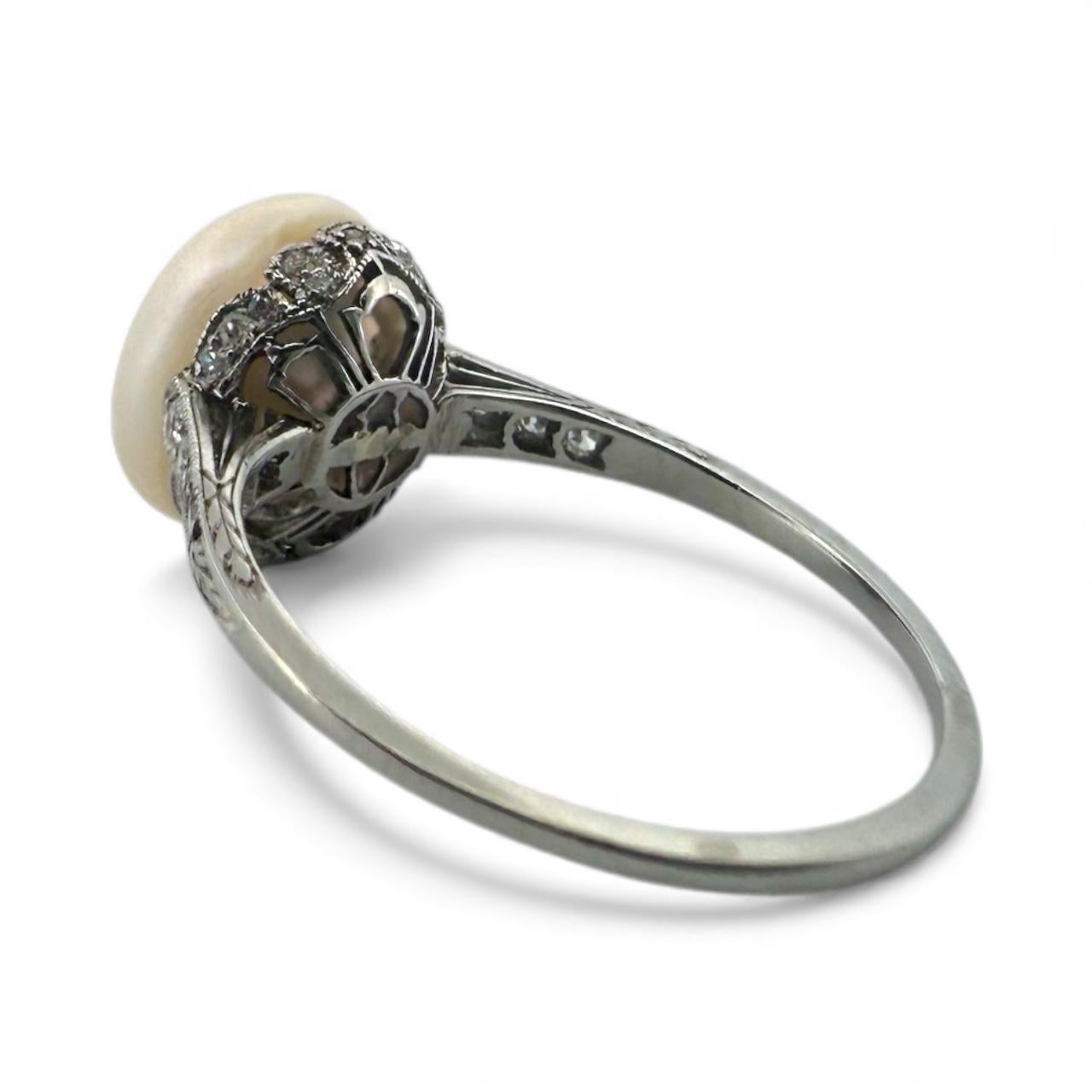 Bague vintage en platine avec solitaire en perle et diamant GIA en vente 3