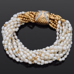 Vintage Pearl & Diamond Yellow Gold Multi-Strand Bracelet