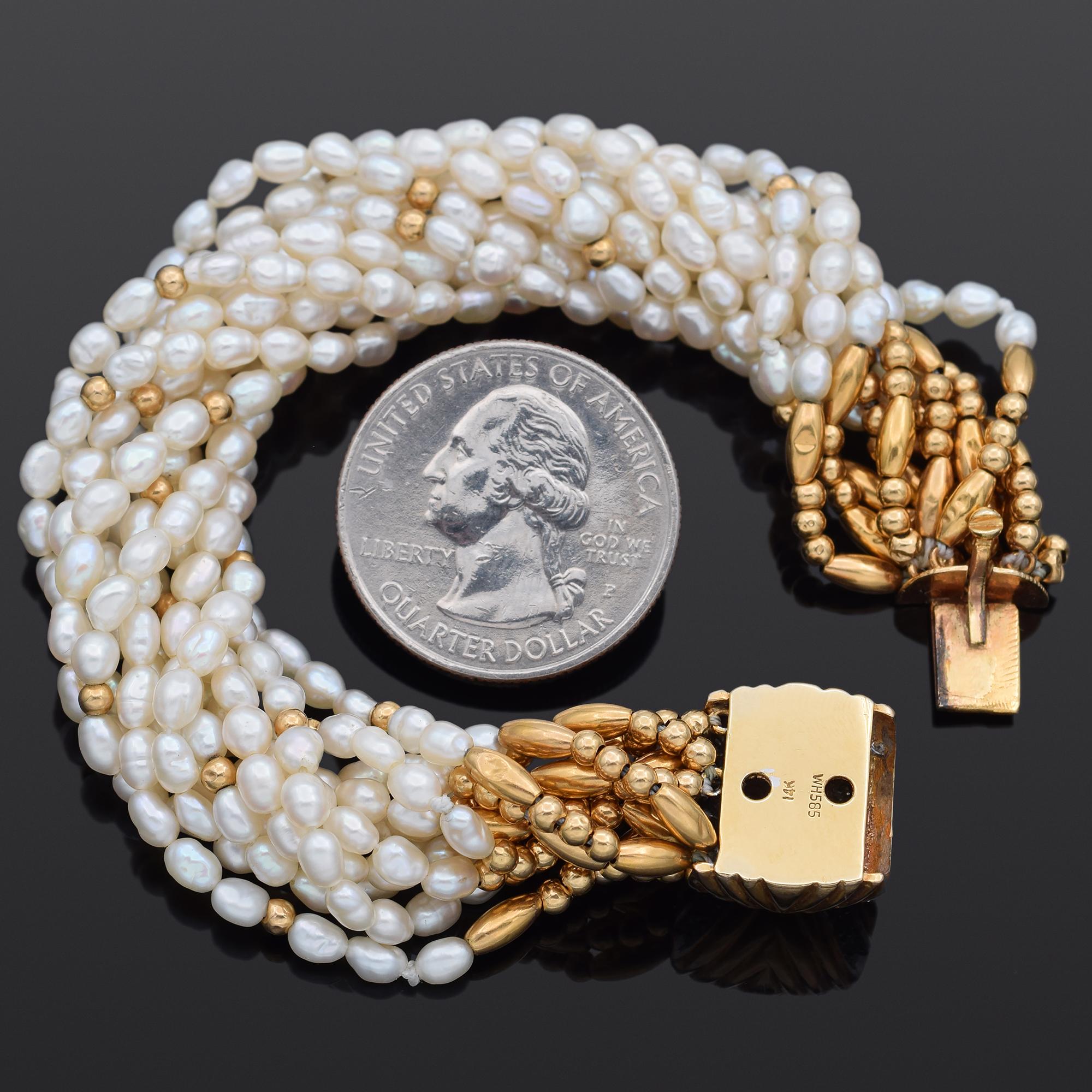Taille mixte Bracelet multibrins vintage en or jaune avec perles et diamants en vente