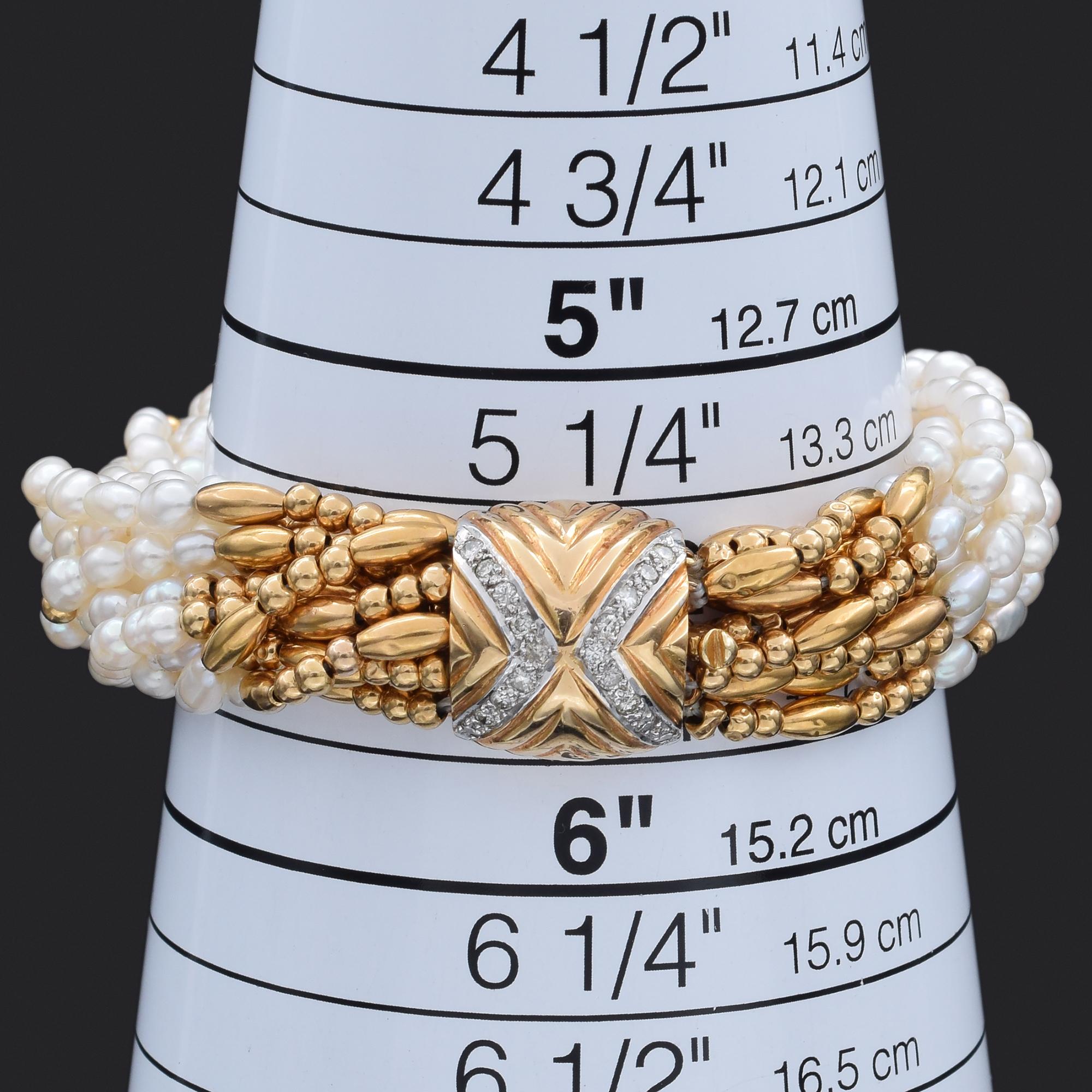 Women's Vintage Pearl & Diamond Yellow Gold Multi-Strand Bracelet For Sale