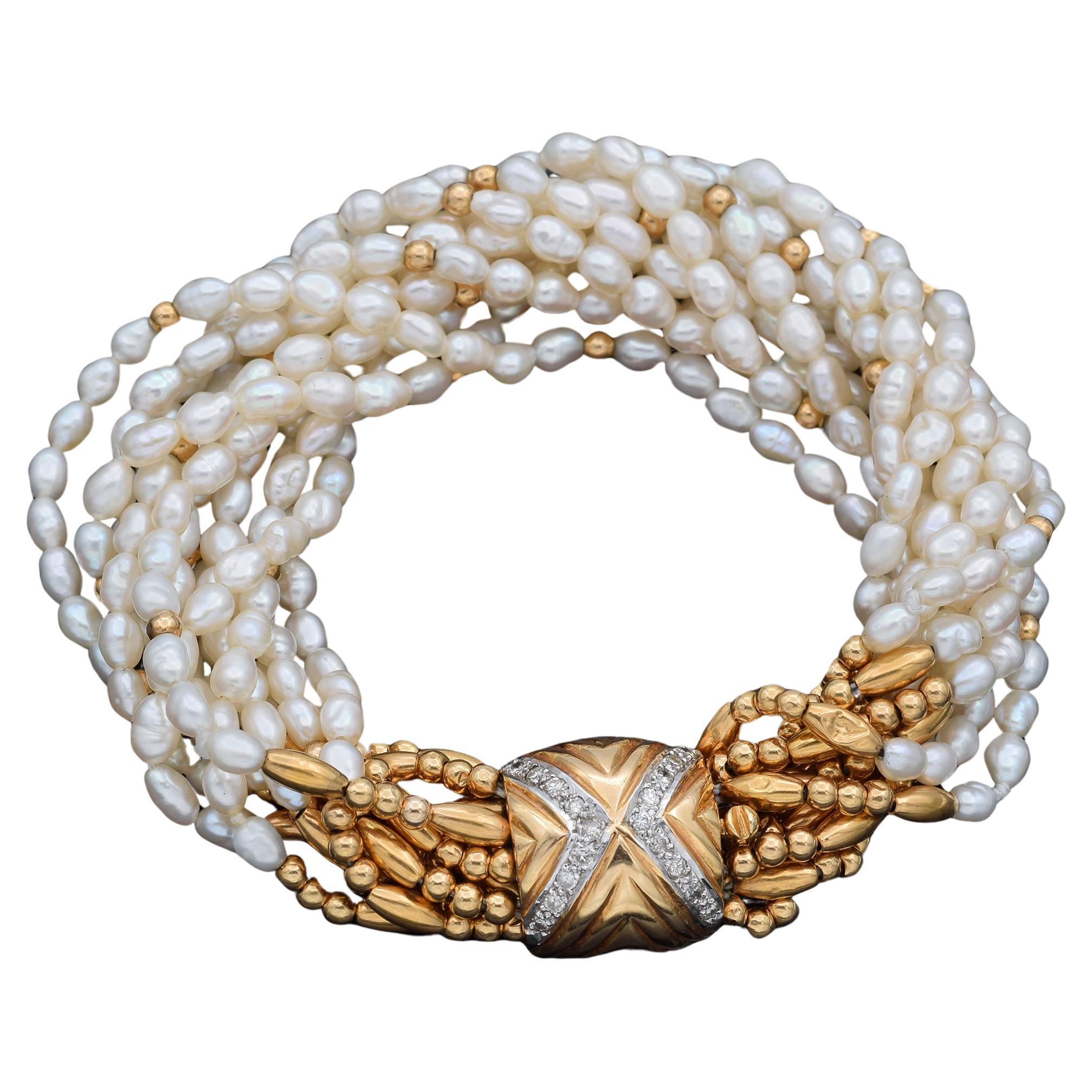 Vintage Pearl & Diamond Yellow Gold Multi-Strand Bracelet