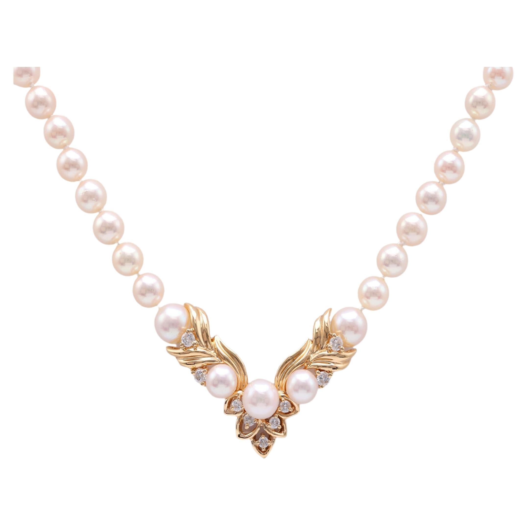 Vintage Perle Diamant Gelbgold-Anhänger Halskette