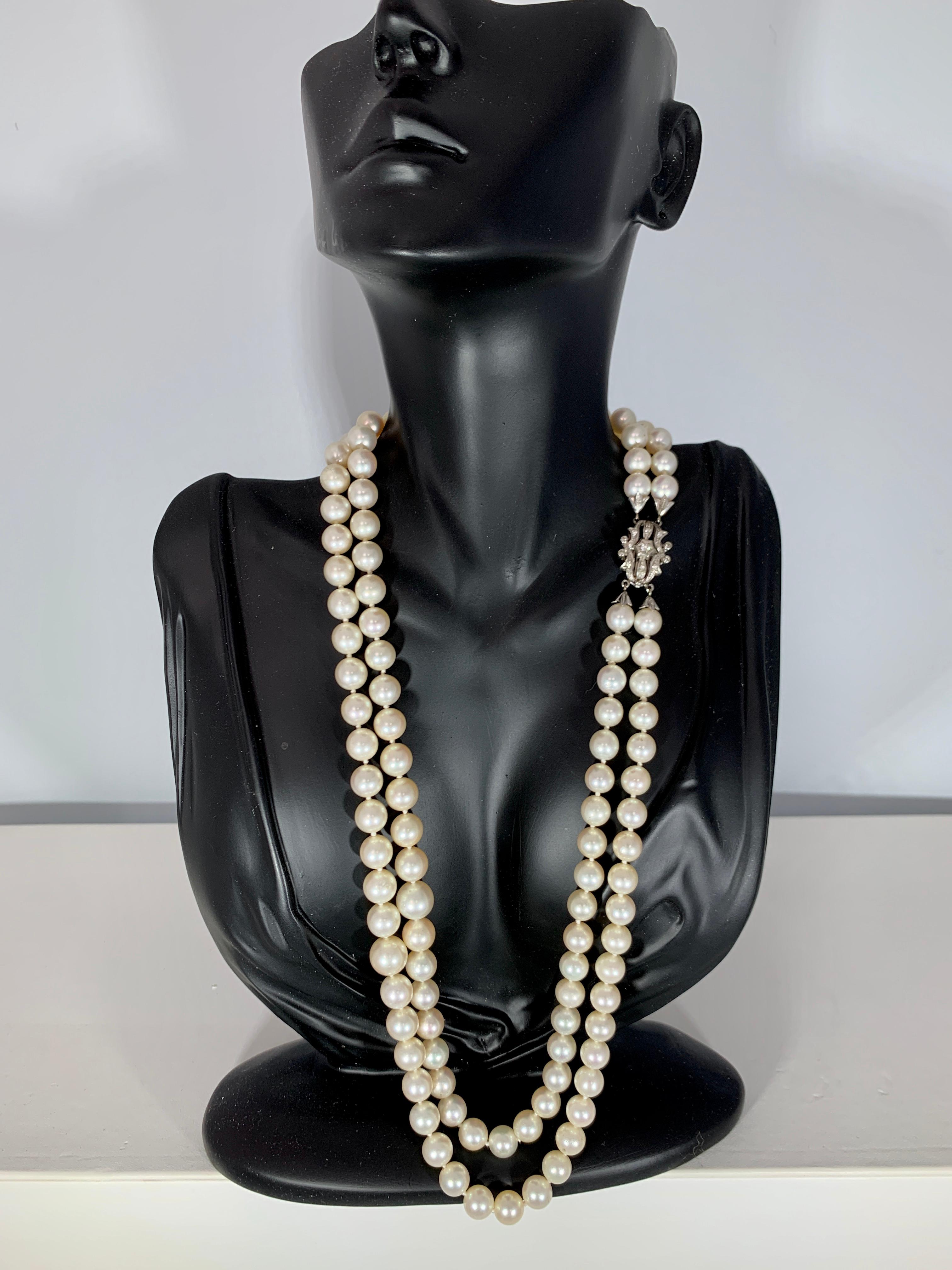 This marvelous vintage Pearl necklace features 2 row of luscious  Japanese Akoya   pearls
(measuring approx. 8.25mm -8. 75mm)  Diamond and 18 Karat white gold in the clasp.
White color
VINTAGE

PRE-OWNED 
 ESTATE PIECE
18 Karat gold clasp with