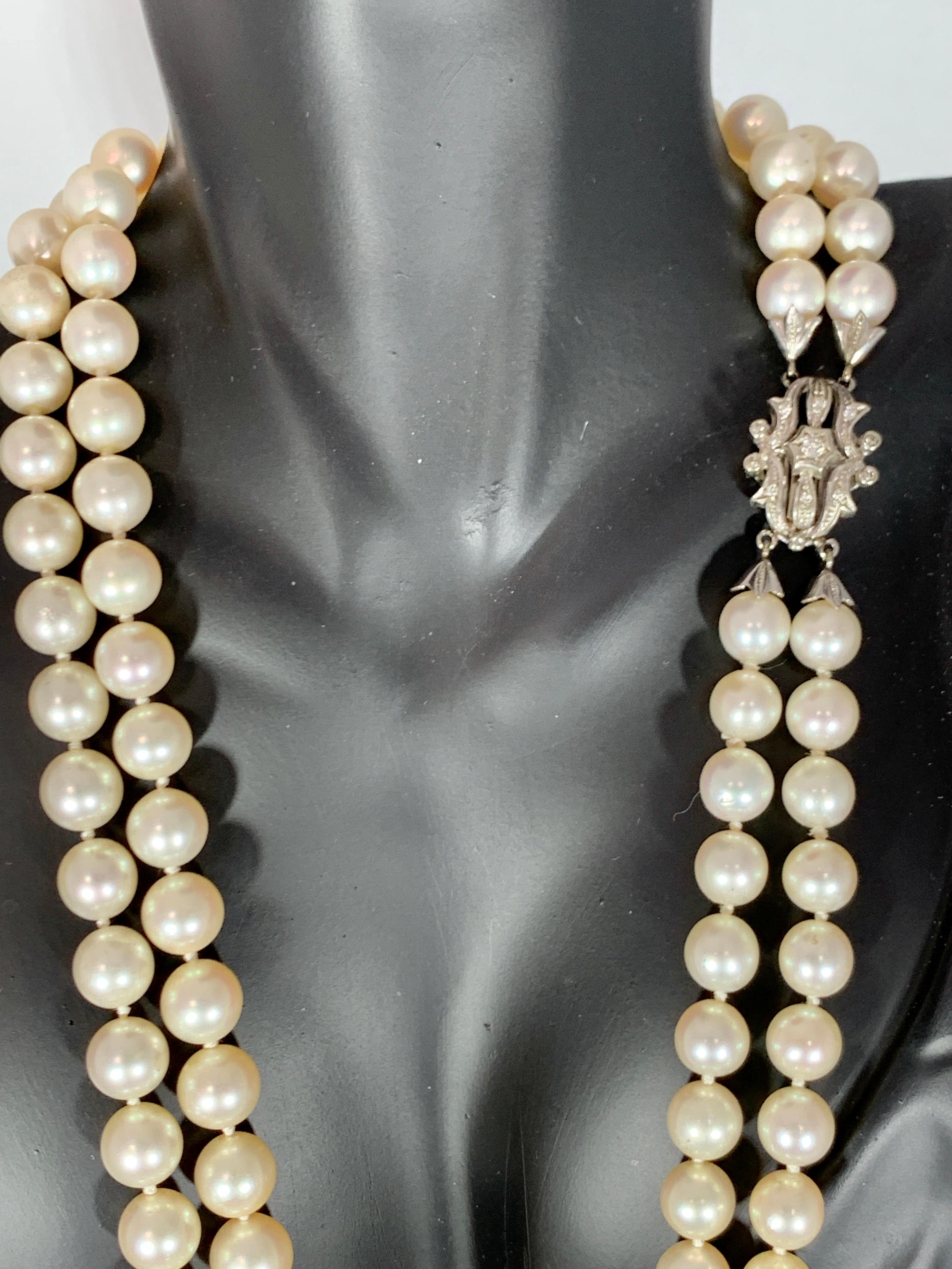 Vintage Pearl Double Strand Necklace with Diamond and Gold Clasp at ...