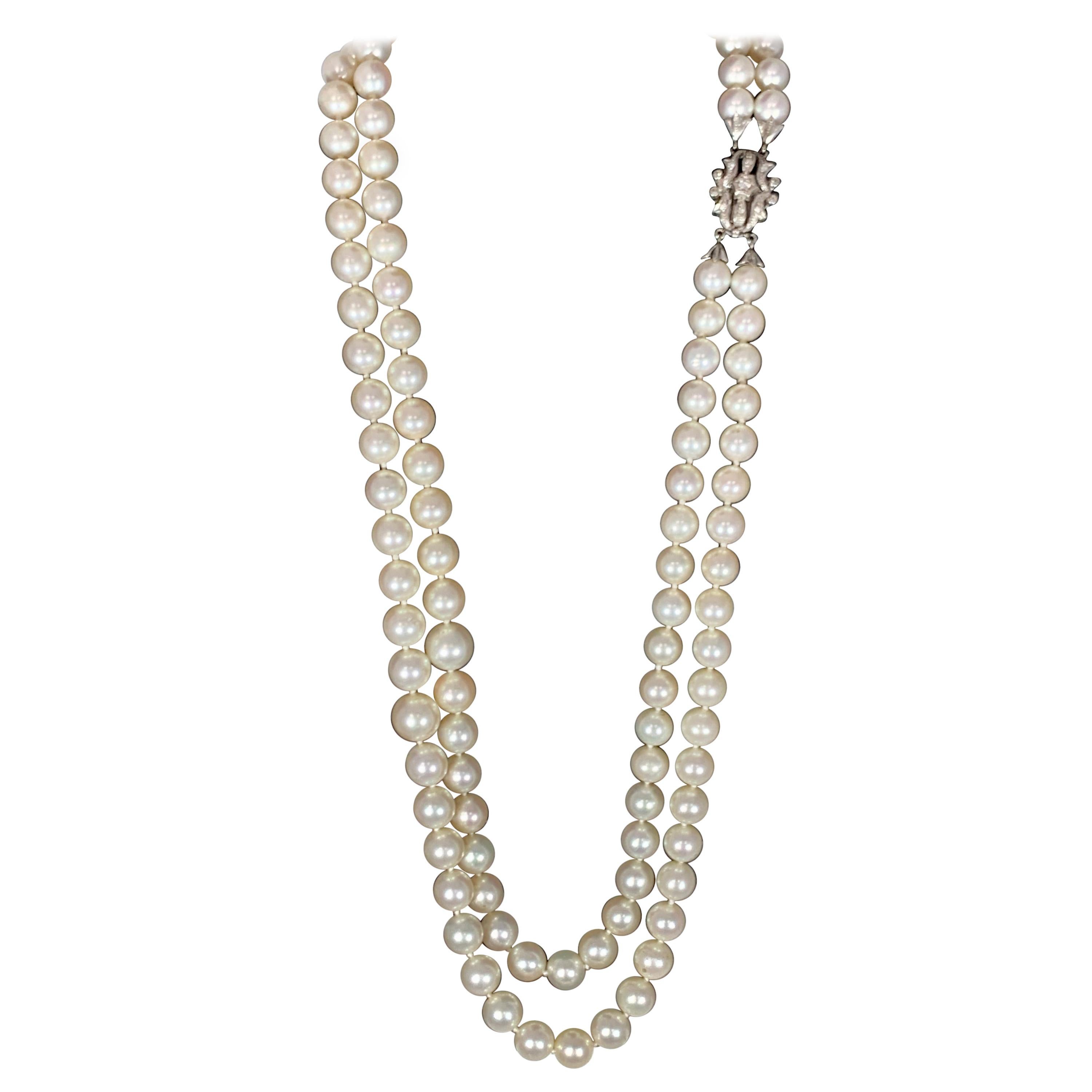 Vintage Pearl Double Strand Necklace with Diamond and Gold Clasp