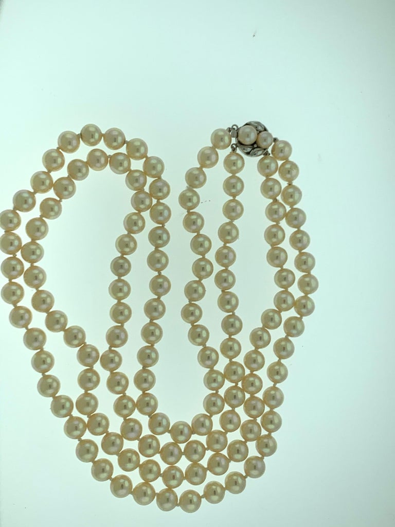 Vintage Pearl Double Strand Necklace with Pearl and Sterling Silver ...