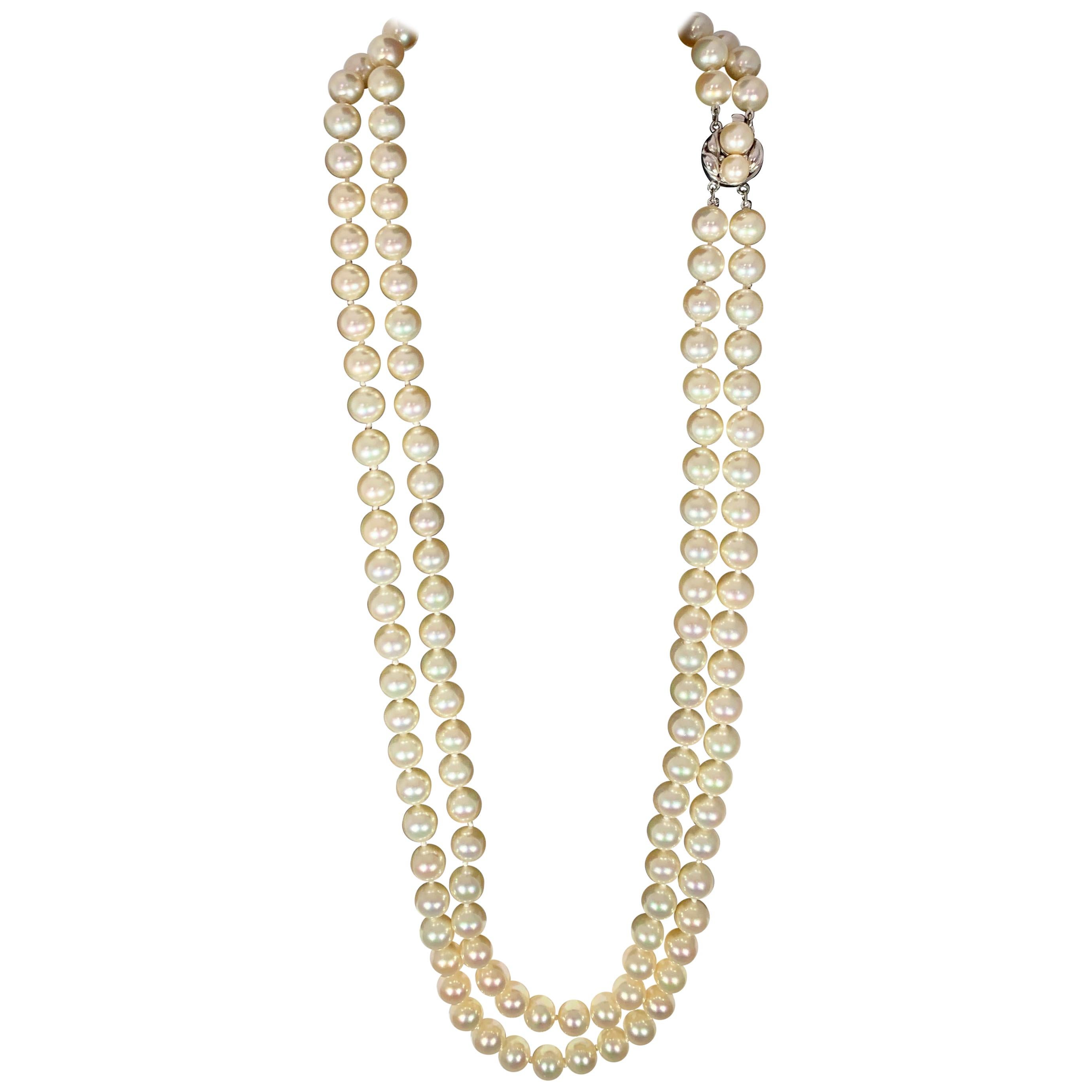 Vintage Pearl Double Strand Necklace with Pearl and Sterling Silver Clasp