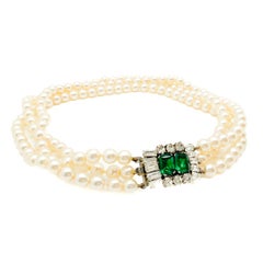 Vintage Pearl & Emerald Paste Multistrand Torsade Choker 1960s