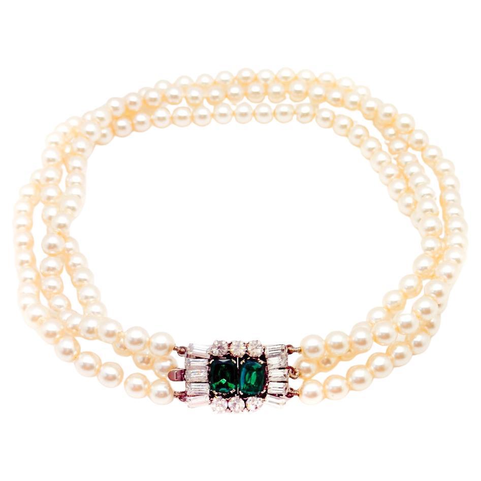 Vintage Pearl & Emerald Paste Choker 1960s For Sale