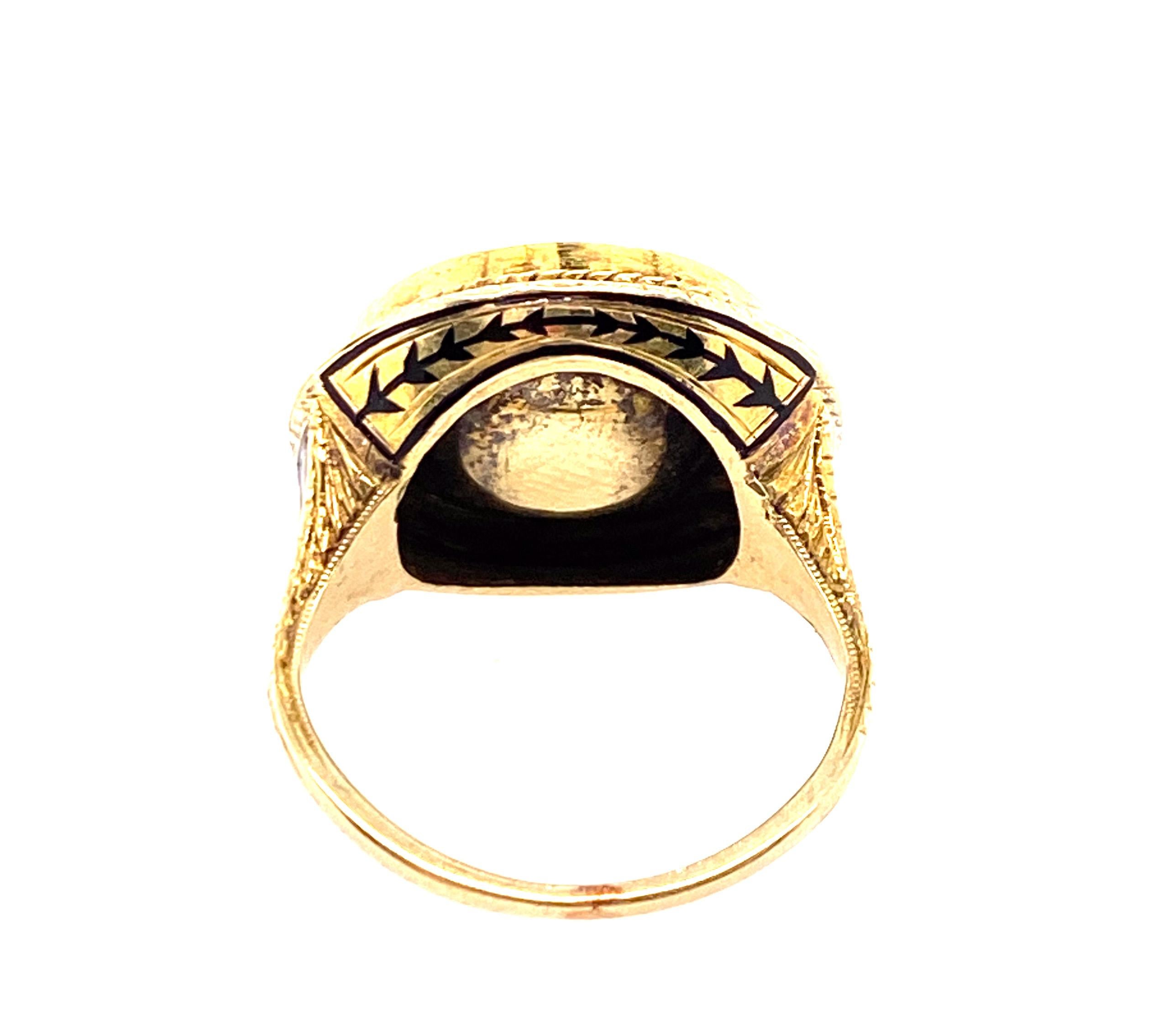 Uncut Art Deco Pearl Onyx Enamel Ring Original 1920's Antique 14K Yellow Gold For Sale