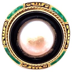 Art Deco Pearl Onyx Enamel Ring Original 1920's Antique 14K Yellow Gold
