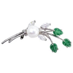 Vintage Pearl Floral Pin Brooch with Clear and Green Crystals