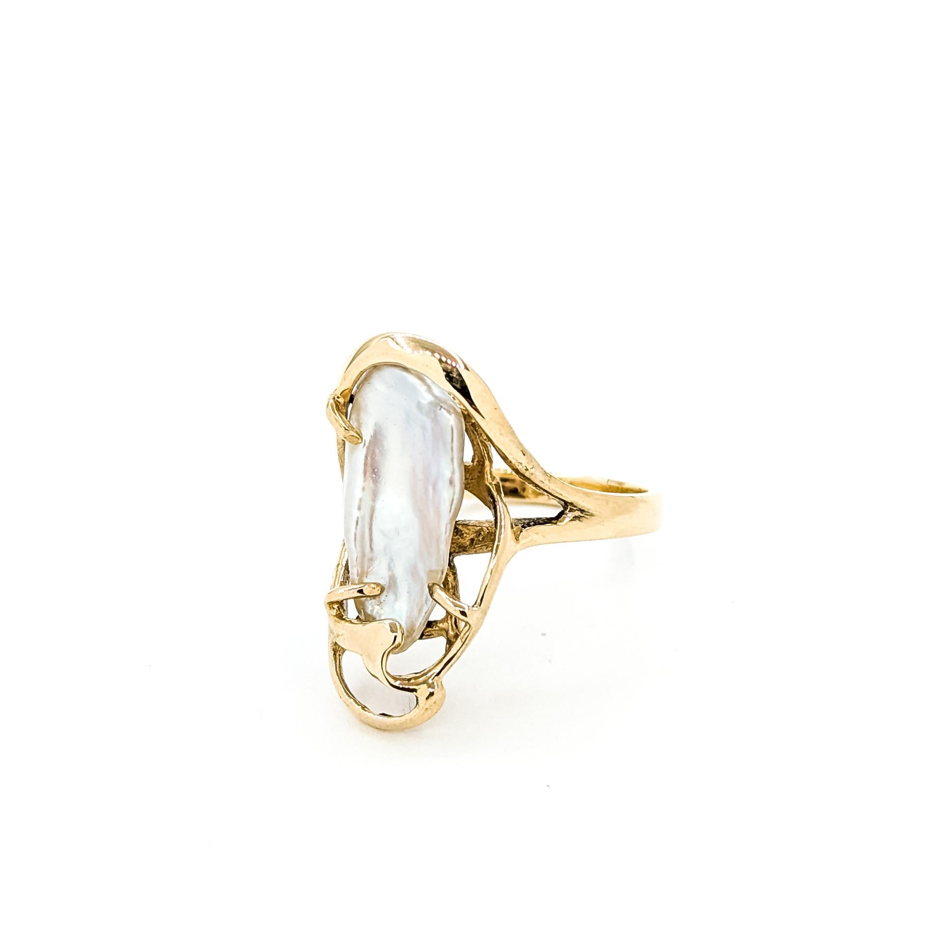 Artisan Vintage Pearl Freeform Ring in 14k Yellow Gold For Sale
