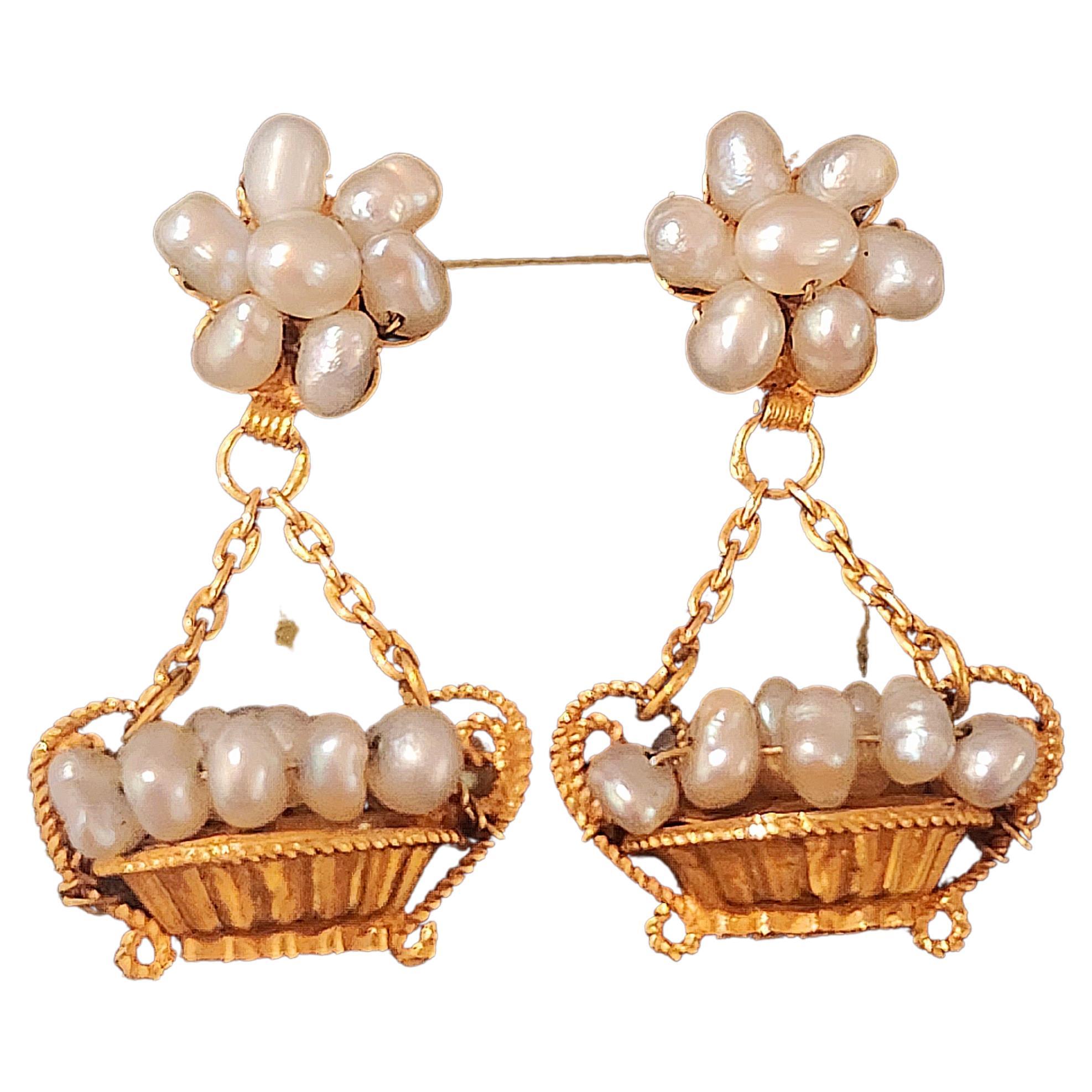 Vintage Pearl Gold Dangling Earrings For Sale