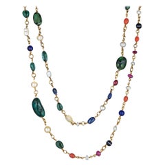 Vintage Pearl Gold Multi Colored Gemstone Necklace