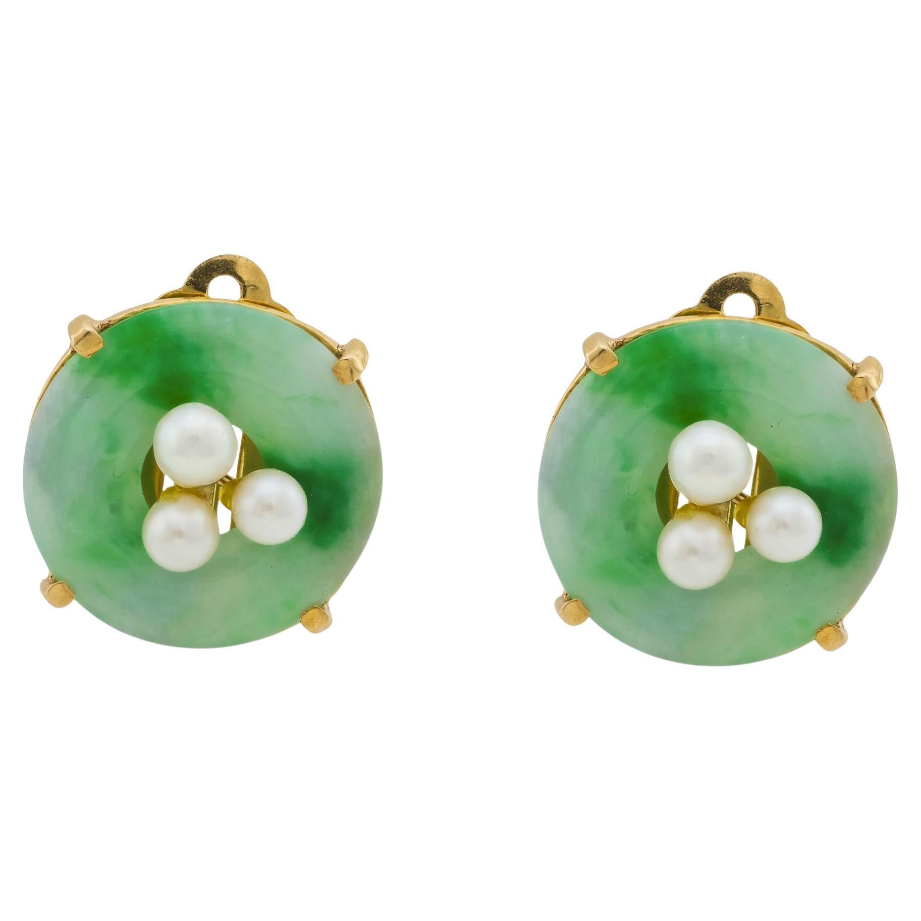 Boucles d'oreilles vintage perle jade 14k or jaune