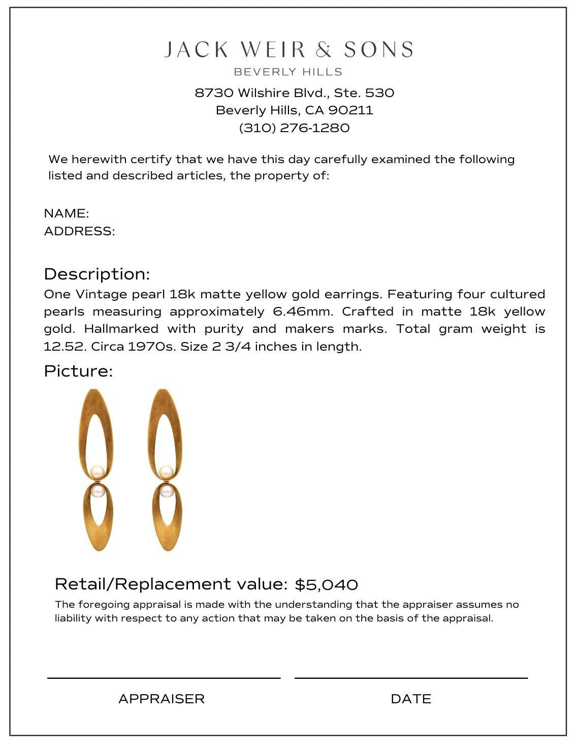 Vintage pearl matte 18k yellow gold drop earrings en venta 1