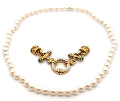 Vintage Pearl Multi Length Necklace w/ Diamond Ruby & Emerald 14k Gold Clasp