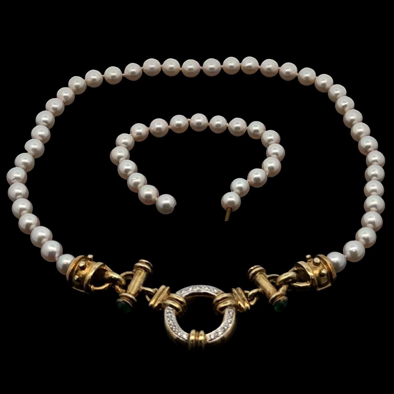 Donna Vintage Pearl Multi Length Necklace w/ Diamond Ruby & Emerald 14k Gold Clasp in vendita