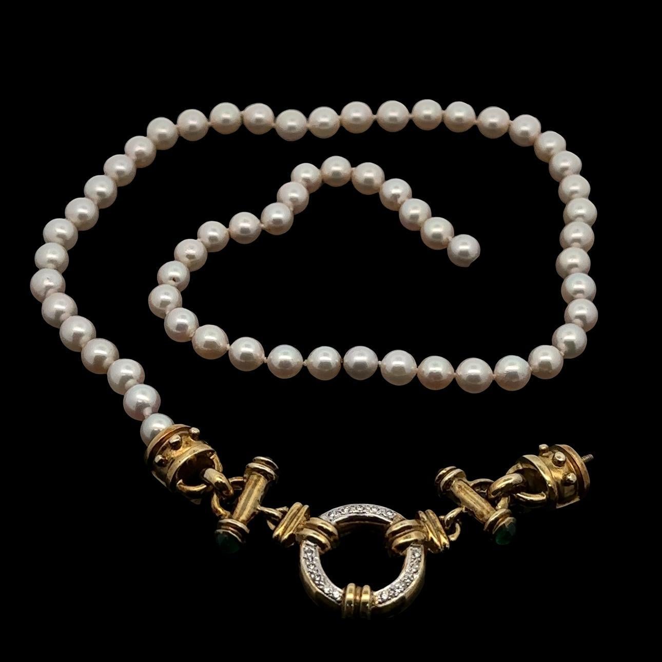 Vintage Pearl Multi Length Necklace w/ Diamond Ruby & Emerald 14k Gold Clasp in vendita 1