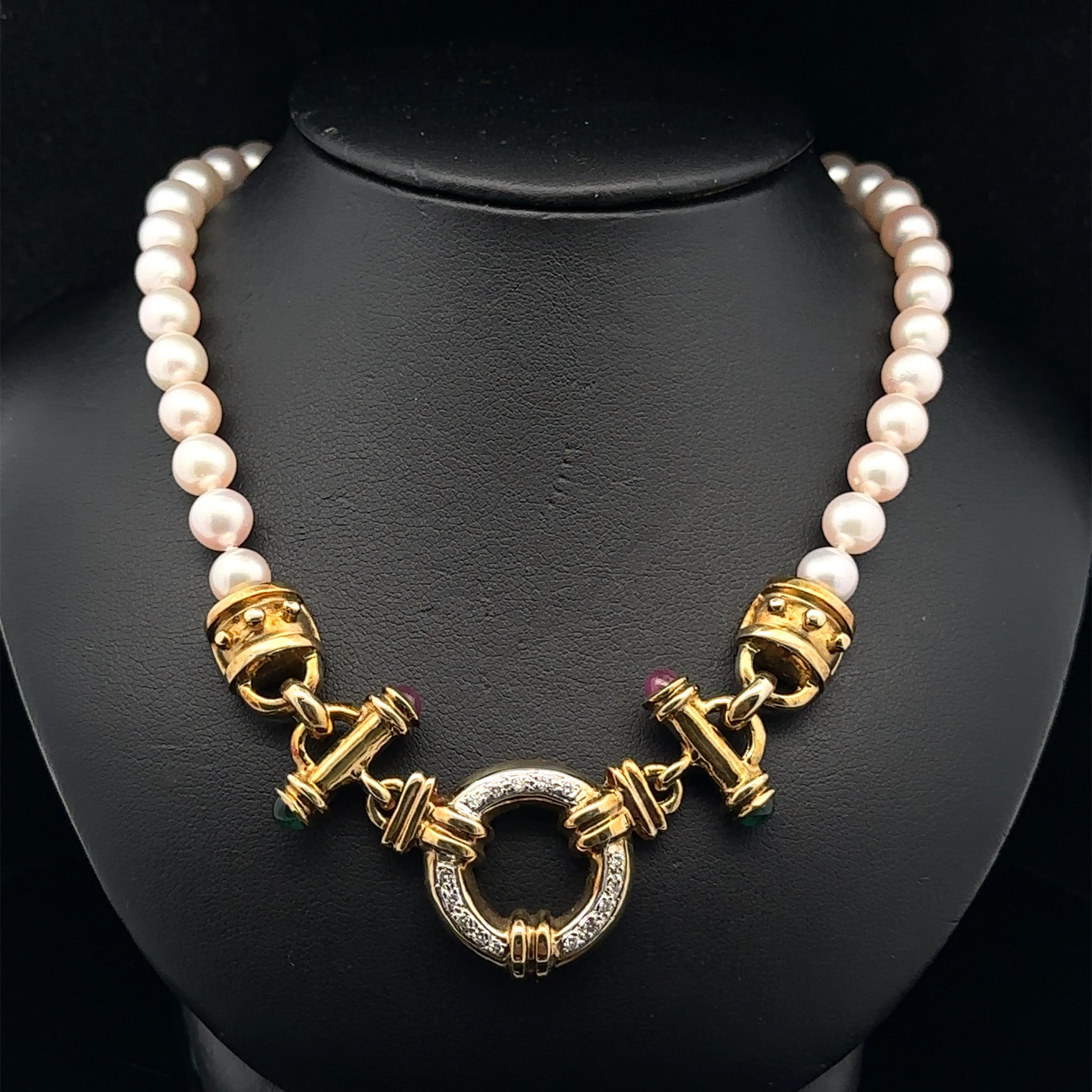 Vintage Pearl Multi Length Necklace w/ Diamond Ruby & Emerald 14k Gold Clasp in vendita 3