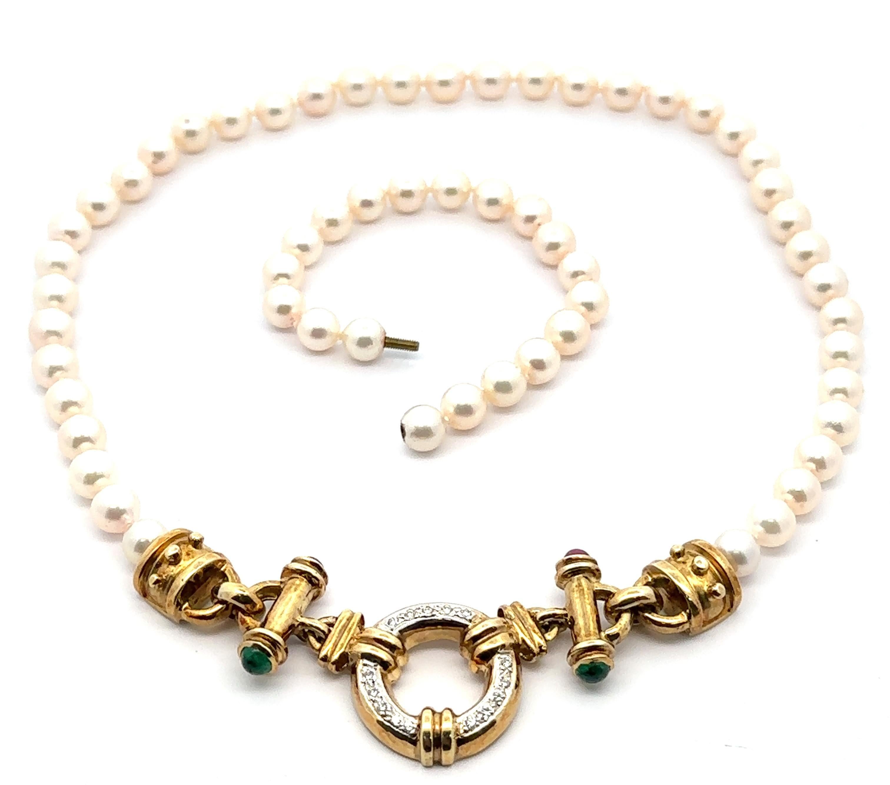 Vintage Pearl Multi Length Necklace w/ Diamond Ruby & Emerald 14k Gold Clasp in vendita