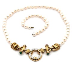Vintage Pearl Multi Length Necklace w/ Diamond Ruby & Emerald 14k Gold Clasp