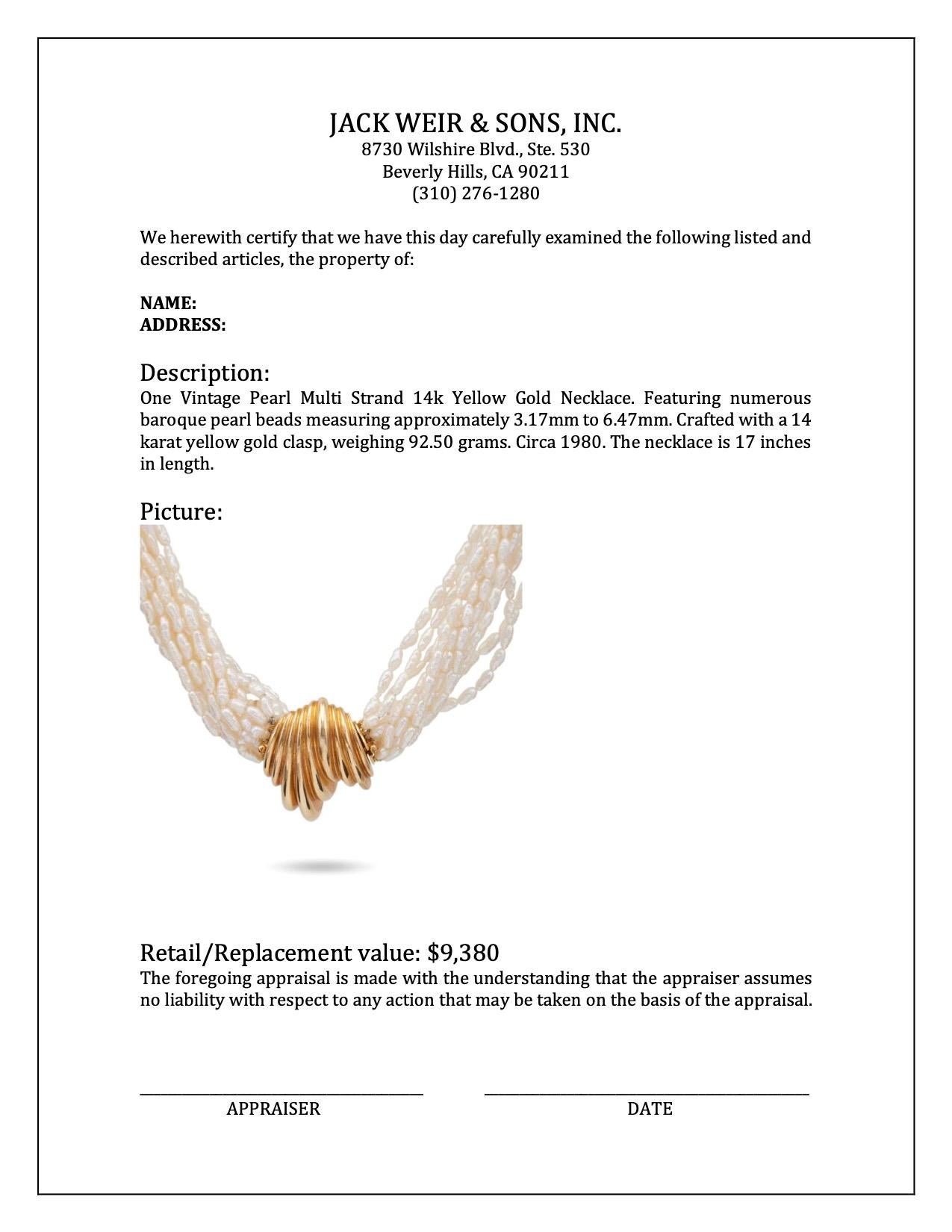 Mehrstrangige Vintage Perlen-Halskette aus 14k Gelbgold im Angebot 1