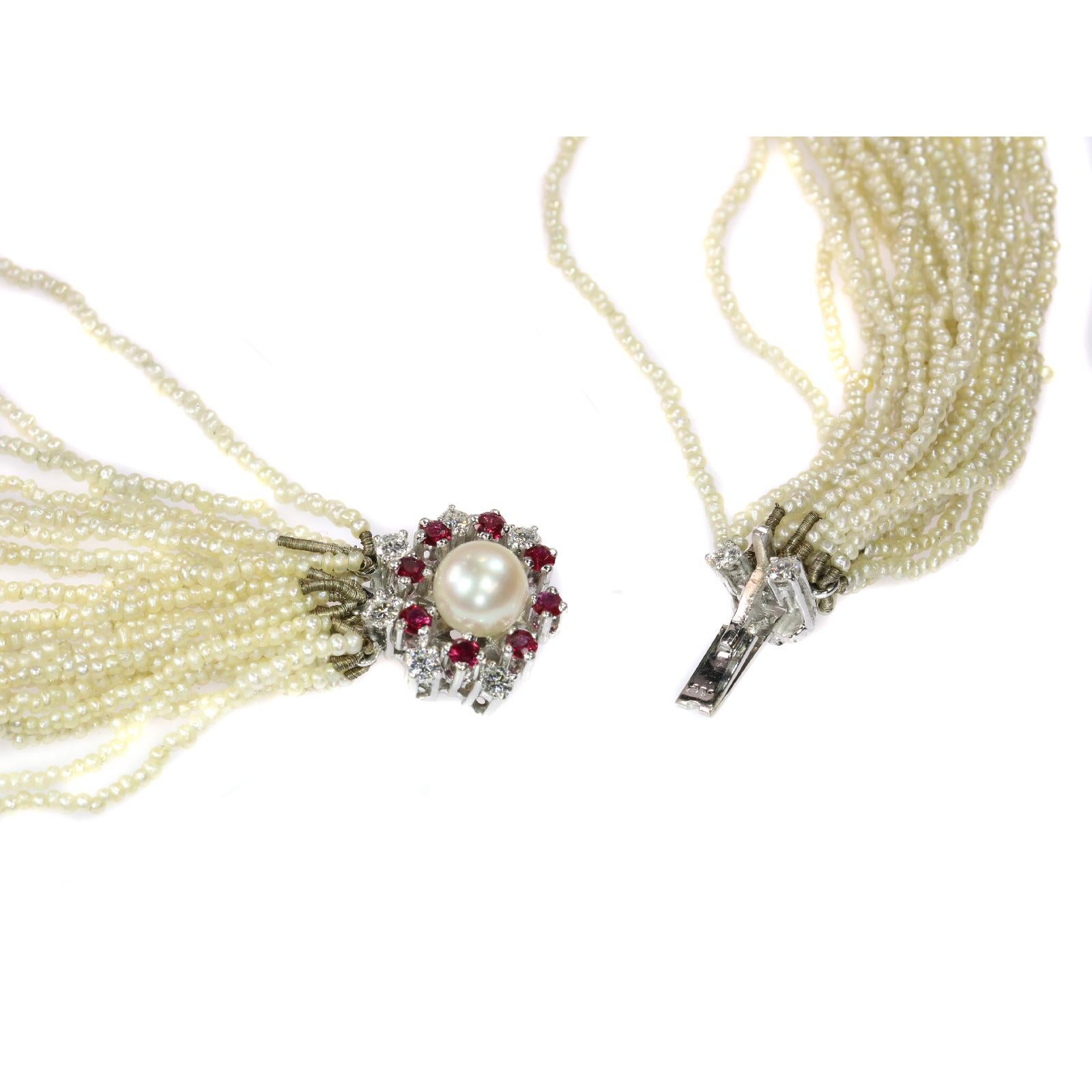 Women's Vintage Pearl Necklace with 13000+ Pearls and White Gold Diamond Ruby Closure For Sale