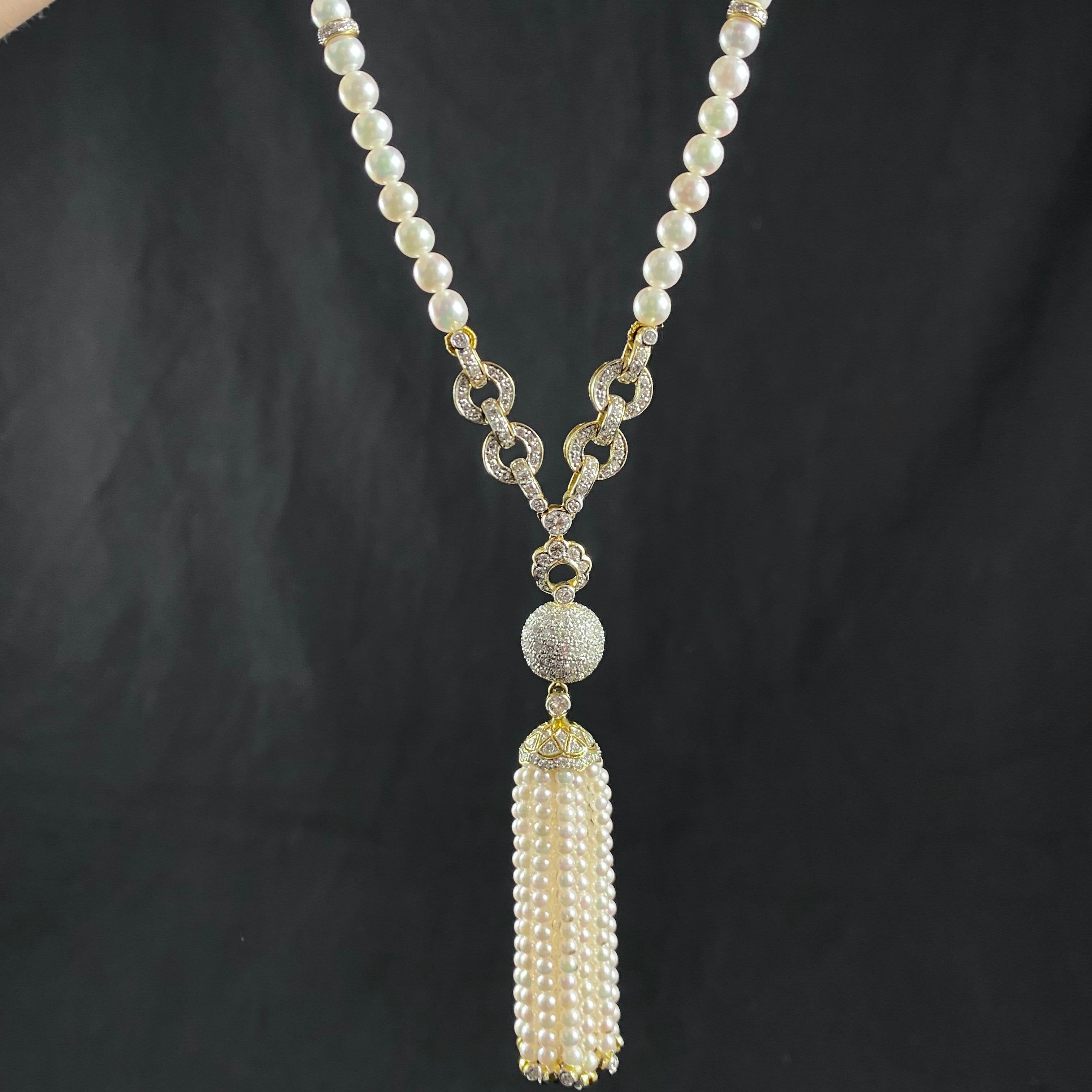 Vintage Pearl Pave Diamond Sautoir Tassel Drop Necklace Yellow Gold 1970s 8