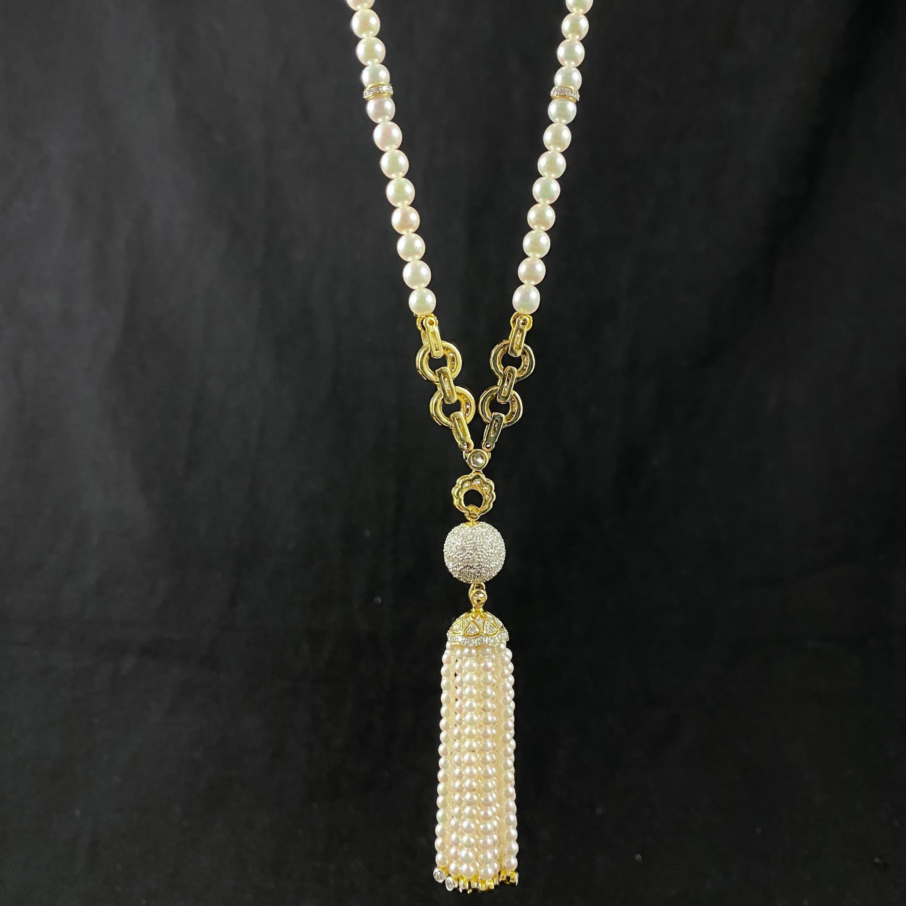 Vintage Pearl Pave Diamond Sautoir Tassel Drop Necklace Yellow Gold 1970s 9