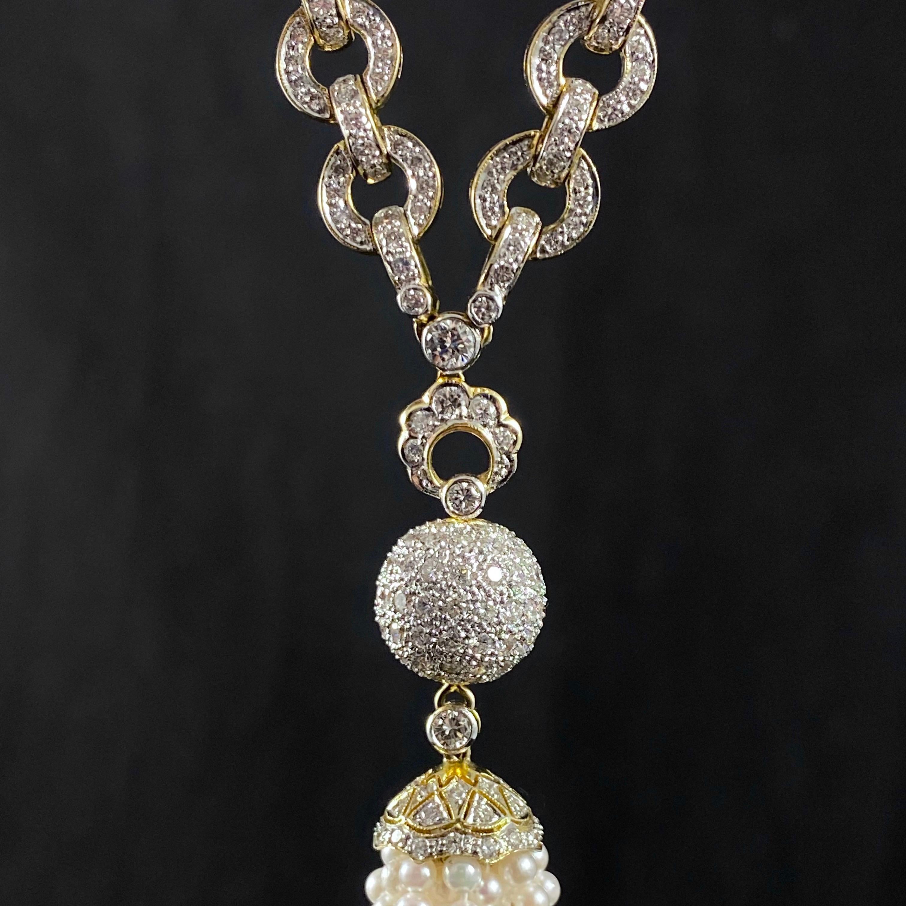 Vintage Pearl Pave Diamond Sautoir Tassel Drop Necklace Yellow Gold 1970s 10