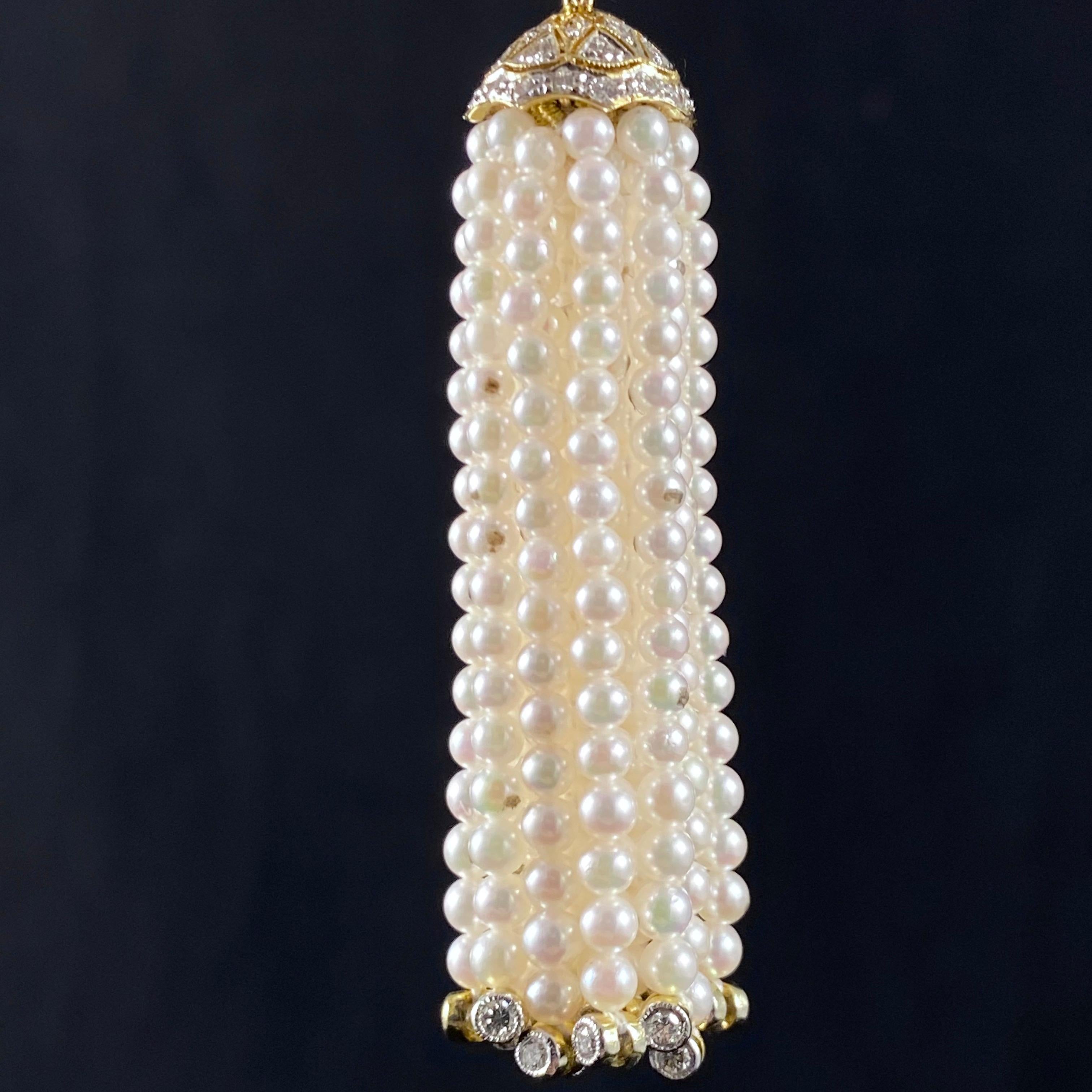 Vintage Pearl Pave Diamond Sautoir Tassel Drop Necklace Yellow Gold 1970s 11