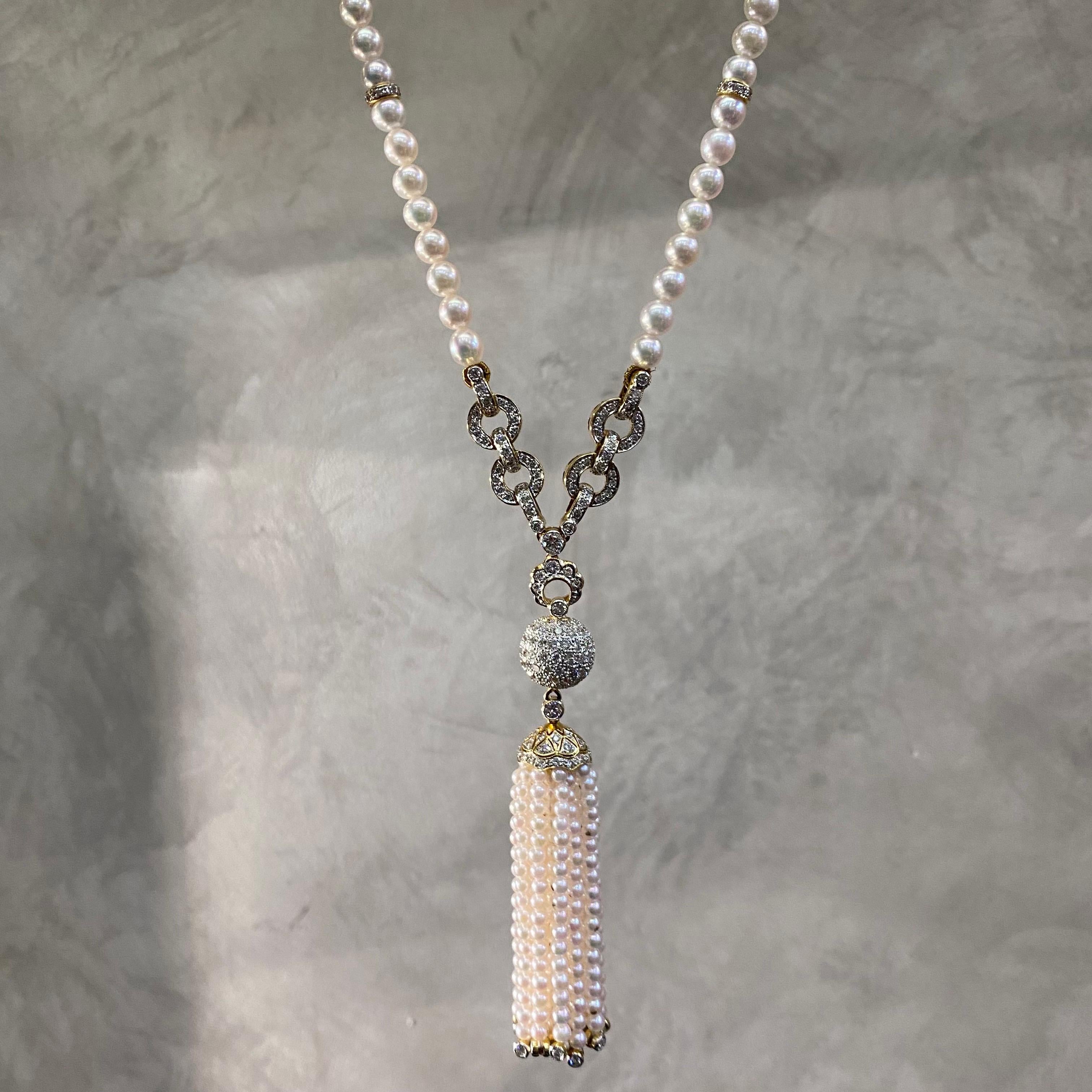 Vintage Pearl Pave Diamond Sautoir Tassel Drop Necklace Yellow Gold 1970s 12