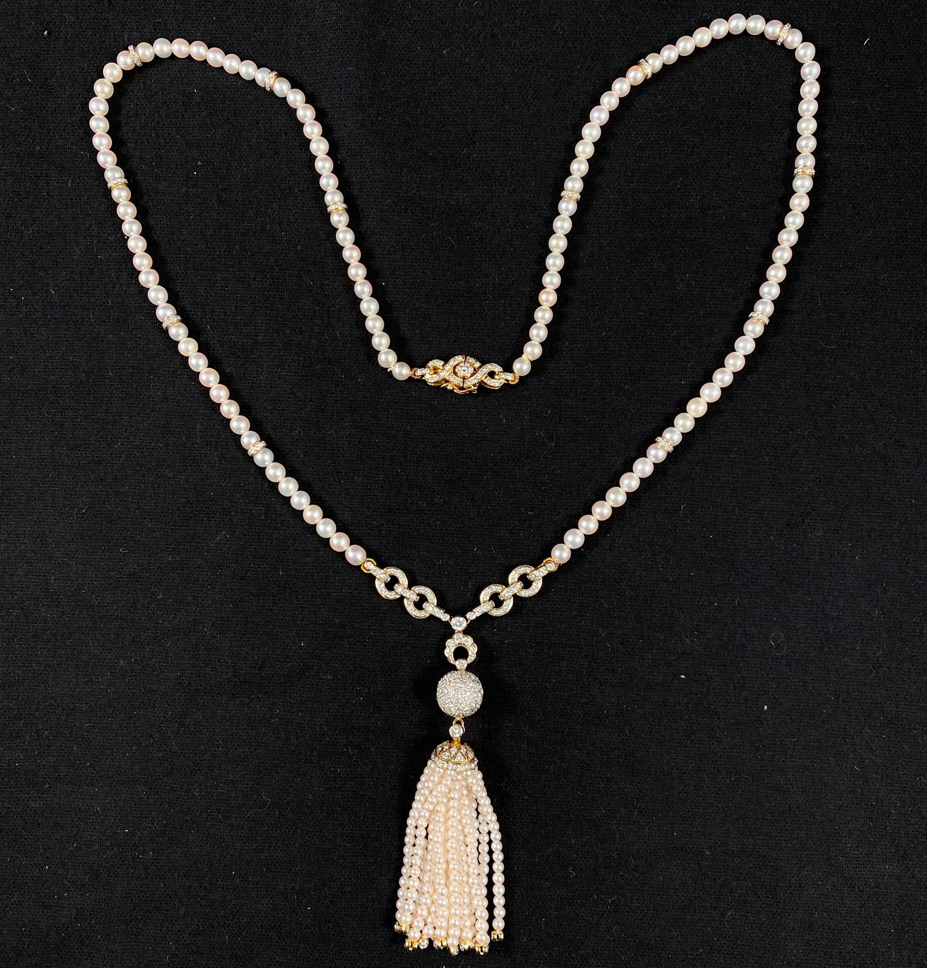 Art Deco Vintage Pearl Pave Diamond Sautoir Tassel Drop Necklace Yellow Gold 1970s