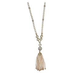 Vintage Pearl Pave Diamond Sautoir Tassel Drop Necklace Yellow Gold 1970s