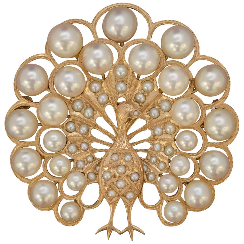 Vintage Pearl Peacock Brooch 14 Carat Gold For Sale