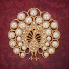 Vintage Pearl Peacock Brooch 14 Carat Gold