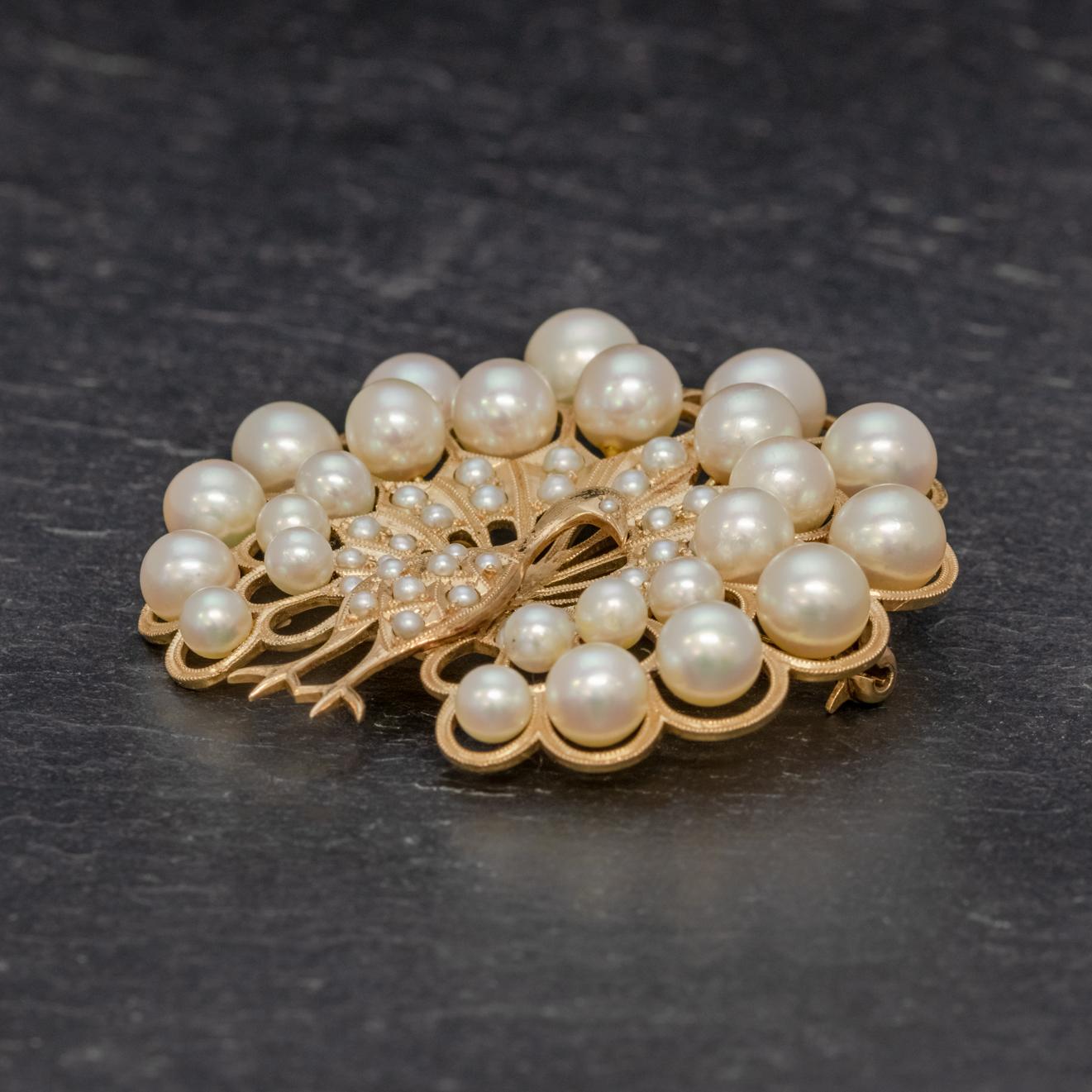 Women's Vintage Pearl Peacock Brooch 14 Carat Gold For Sale