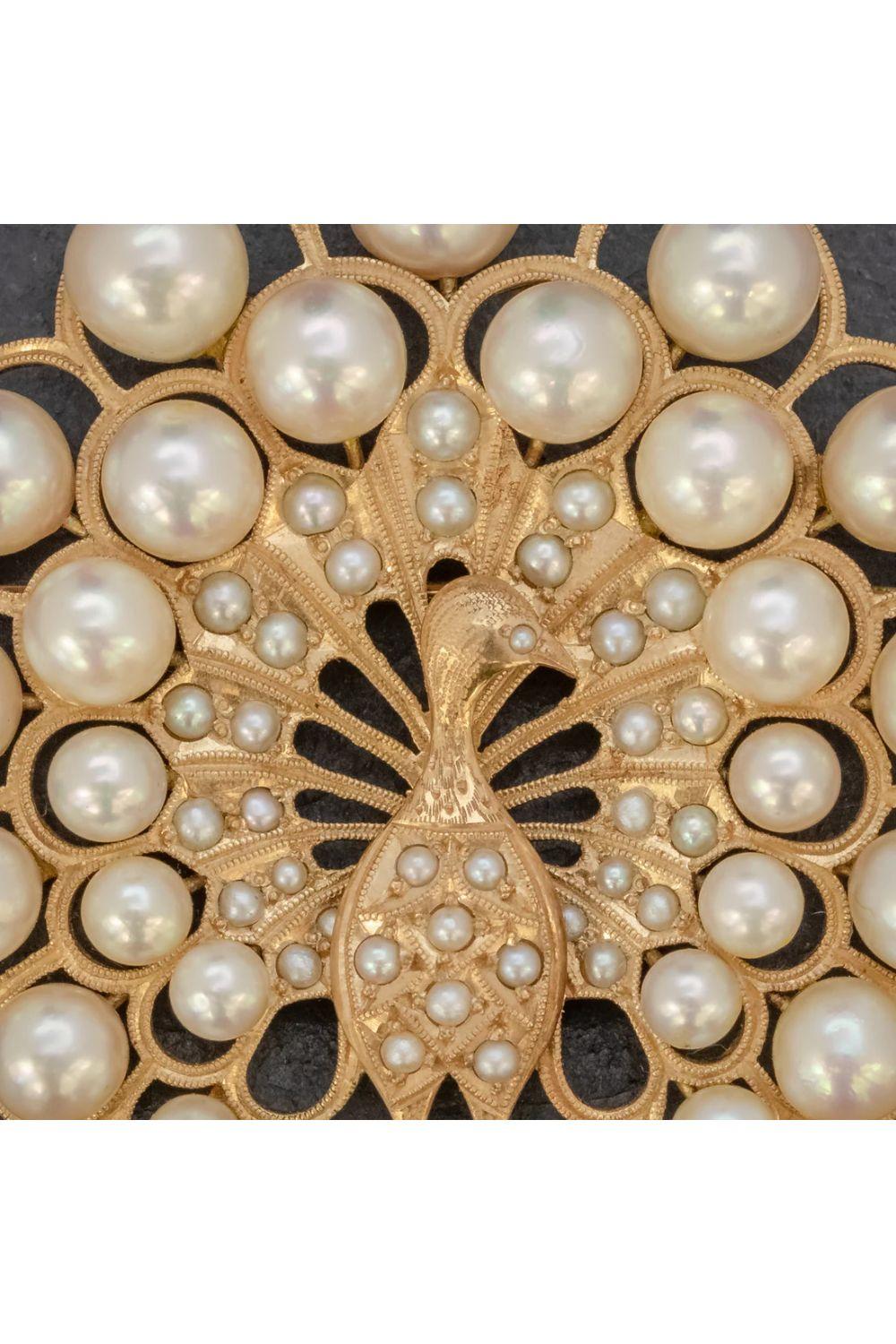 Bead Vintage Pearl Peacock Brooch in 14 Carat Gold For Sale