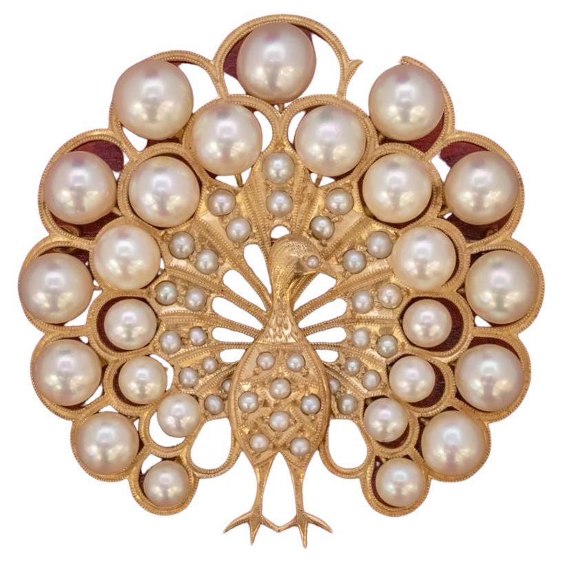 Vintage Pearl Peacock Brooch in 14 Carat Gold