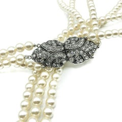 Vintage Pearl & Rhinestone Triple Rope Necklace 1980s