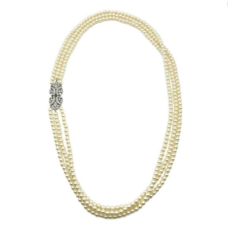 Vintage Perle & Strass Dreireihige Seil-Halskette 1980er Damen im Angebot