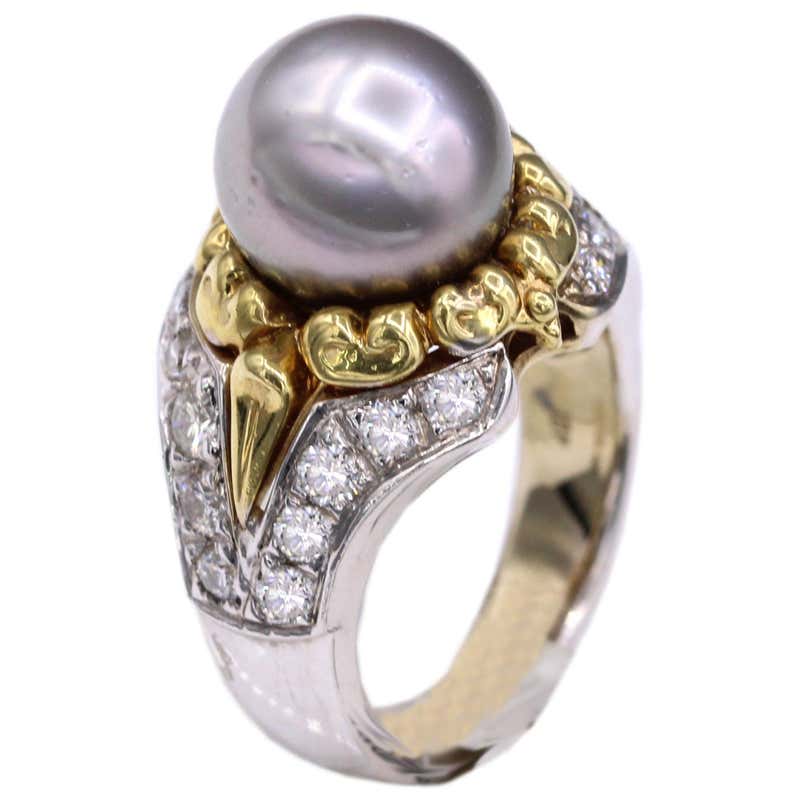 18 Karat White Gold Carved Abalone Shell Ring with Tahitian Pearl and ...