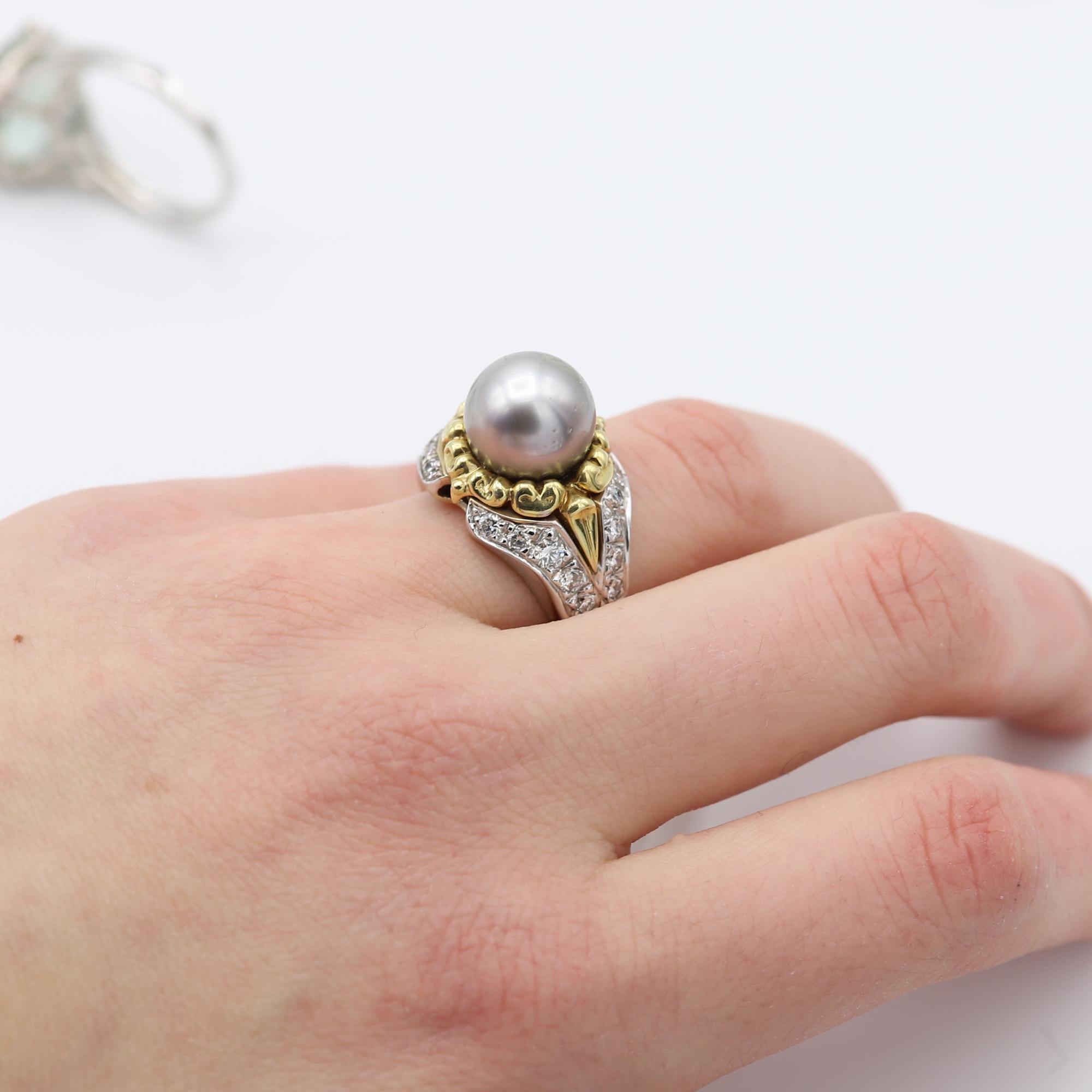 Women's Tahitian Vintage Pearl Ring Pearl and Diamond Ring 18 Karat Gold Two-Tone